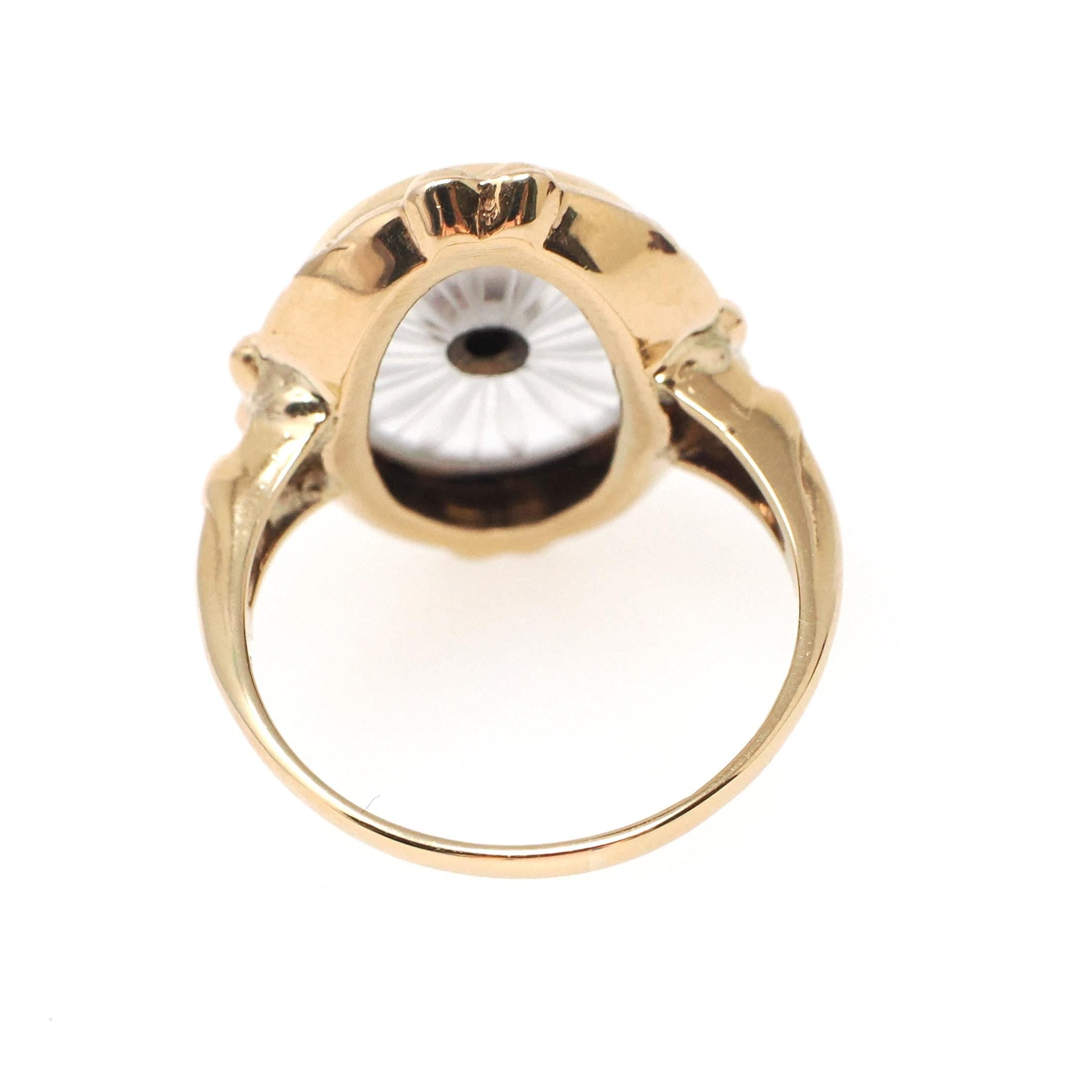 Rock Crystal Quartz Ring - Vintage 10k Yellow Gold Oval Camphor & Created Ruby Shield - Circa 1940s Size 6 1/4 July Birthstone Fine Jewelry