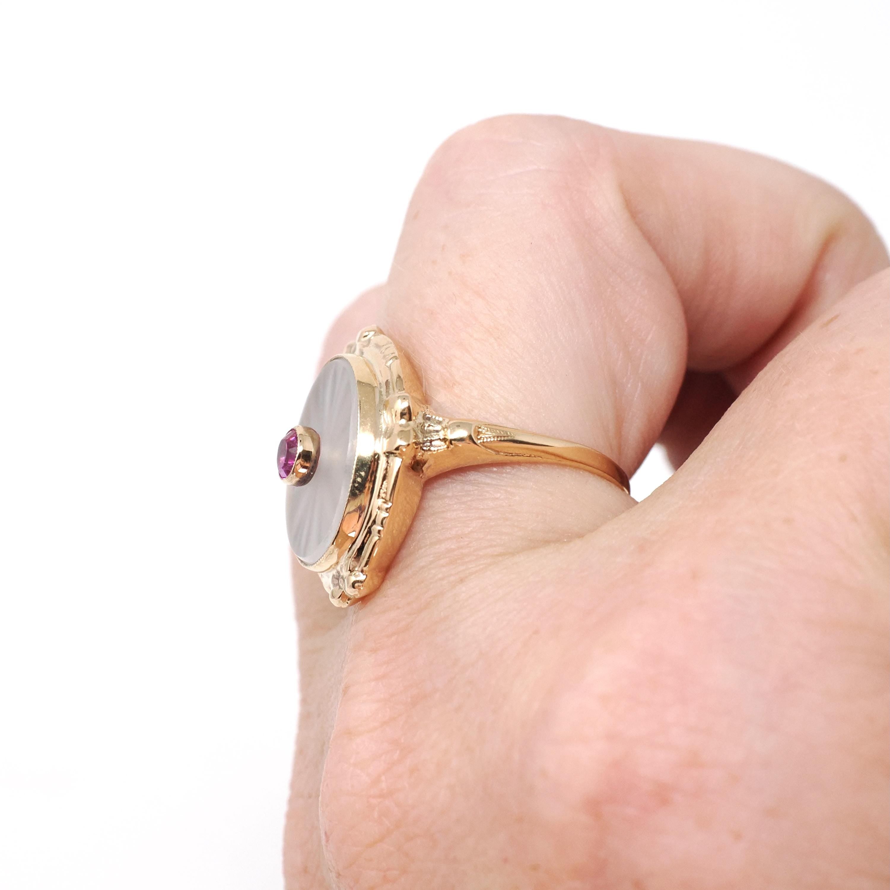 Rock Crystal Quartz Ring - Vintage 10k Yellow Gold Oval Camphor & Created Ruby Shield - Circa 1940s Size 6 1/4 July Birthstone Fine Jewelry