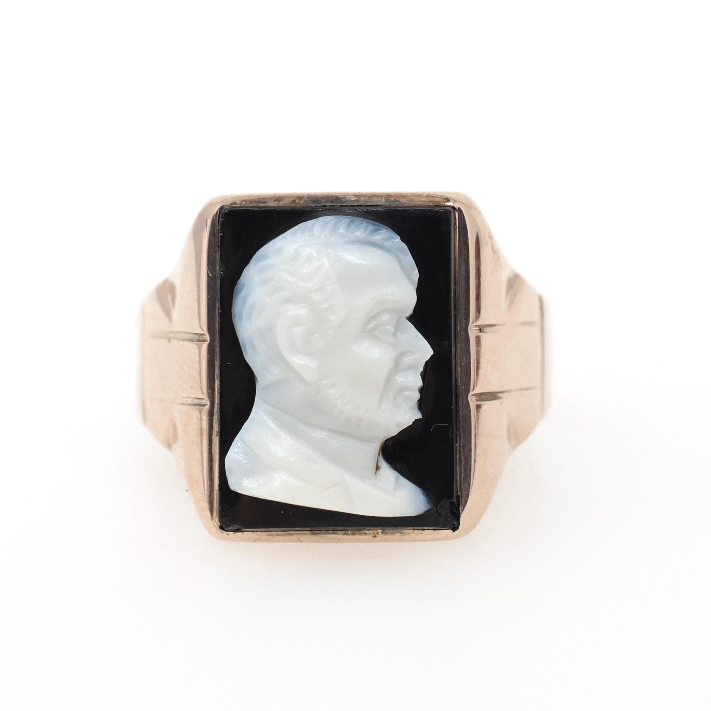 Vintage Cameo Ring - Retro 10k Rose Gold Carved Black & White Onyx Gem - Circa 1940s Era Size 11 Man's Profile Unisex Fine Statement Jewelry