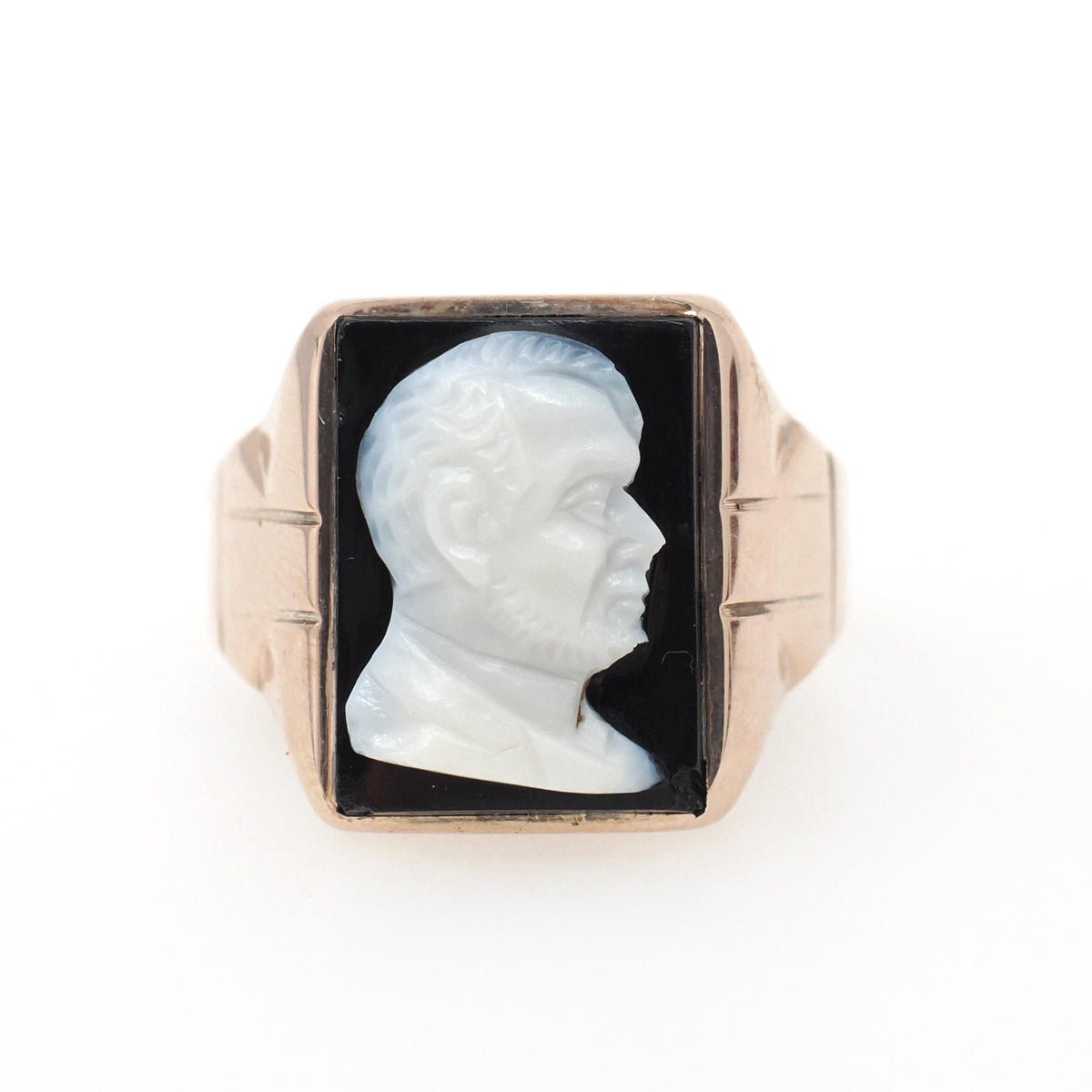 Vintage Cameo Ring - Retro 10k Rose Gold Carved Black & White Onyx Gem - Circa 1940s Era Size 11 Man's Profile Unisex Fine Statement Jewelry