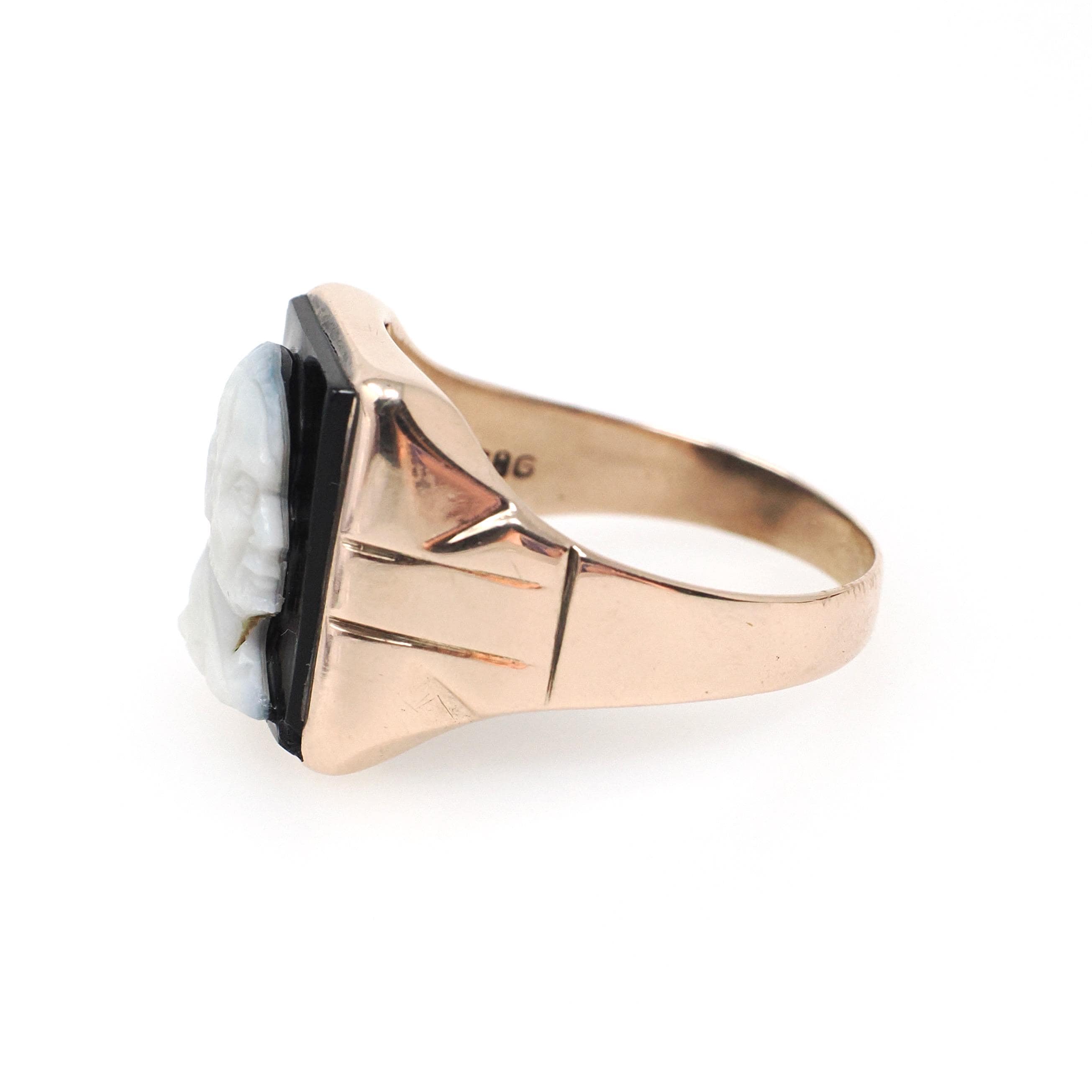 Vintage Cameo Ring - Retro 10k Rose Gold Carved Black & White Onyx Gem - Circa 1940s Era Size 11 Man's Profile Unisex Fine Statement Jewelry