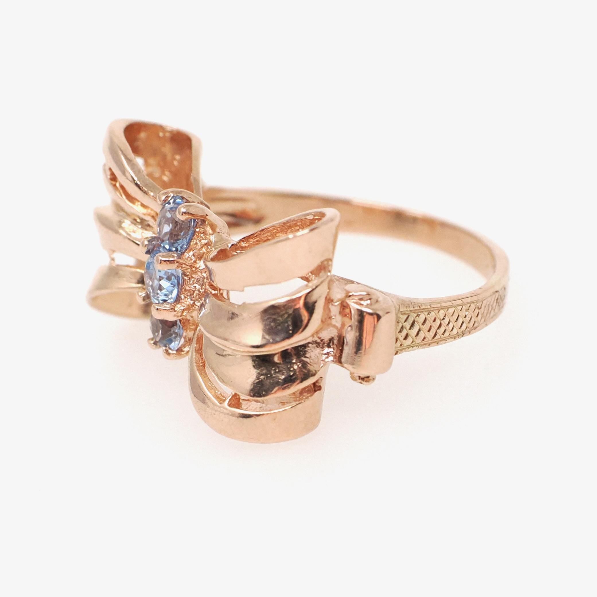 Vintage Bow Ring - Mid Century 10k Rose Gold Created Blue Spinel Gemstone Trio - Circa 1940s Era Size 5 1/2 Fine Dainty Ribbon 40s Jewelry
