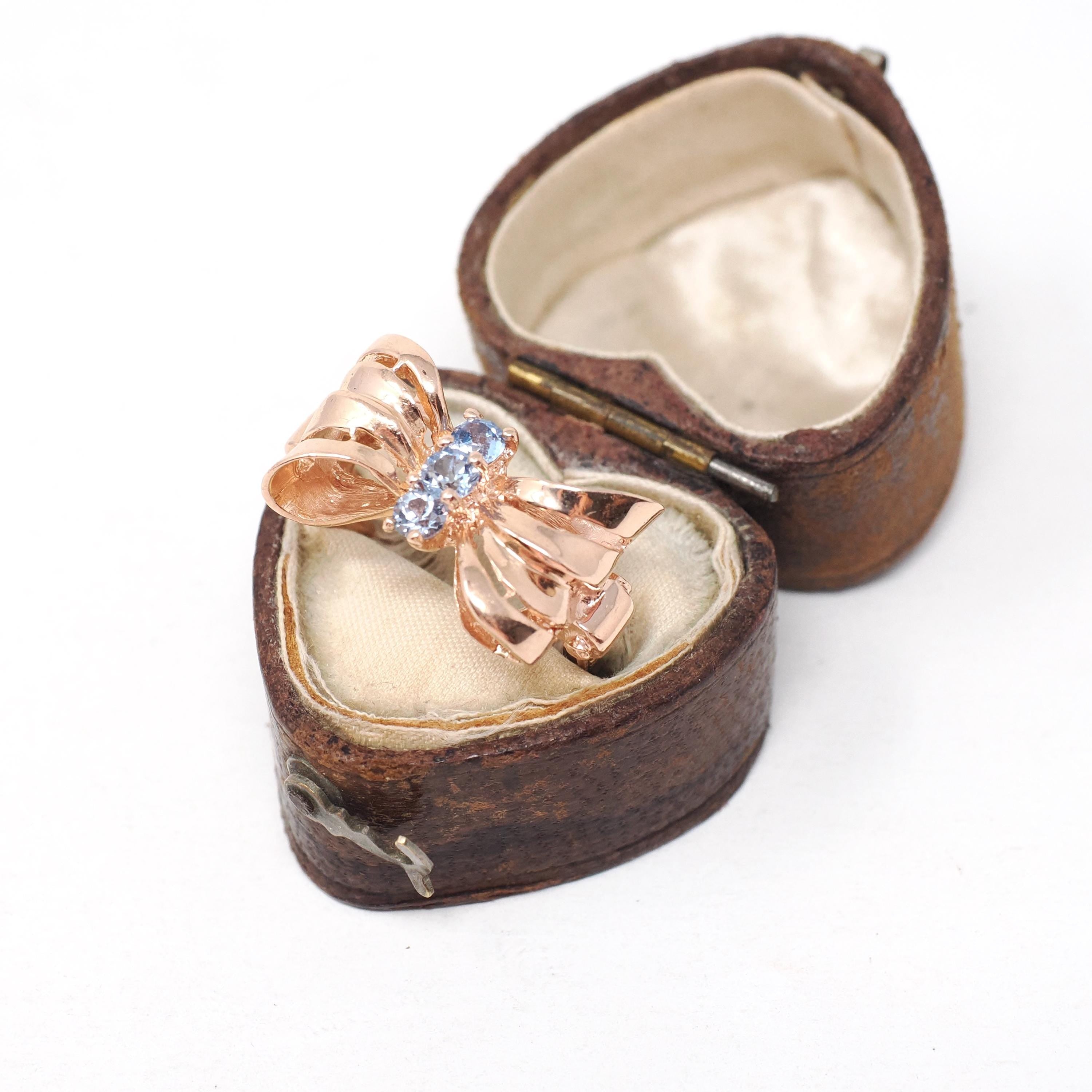 Vintage Bow Ring - Mid Century 10k Rose Gold Created Blue Spinel Gemstone Trio - Circa 1940s Era Size 5 1/2 Fine Dainty Ribbon 40s Jewelry