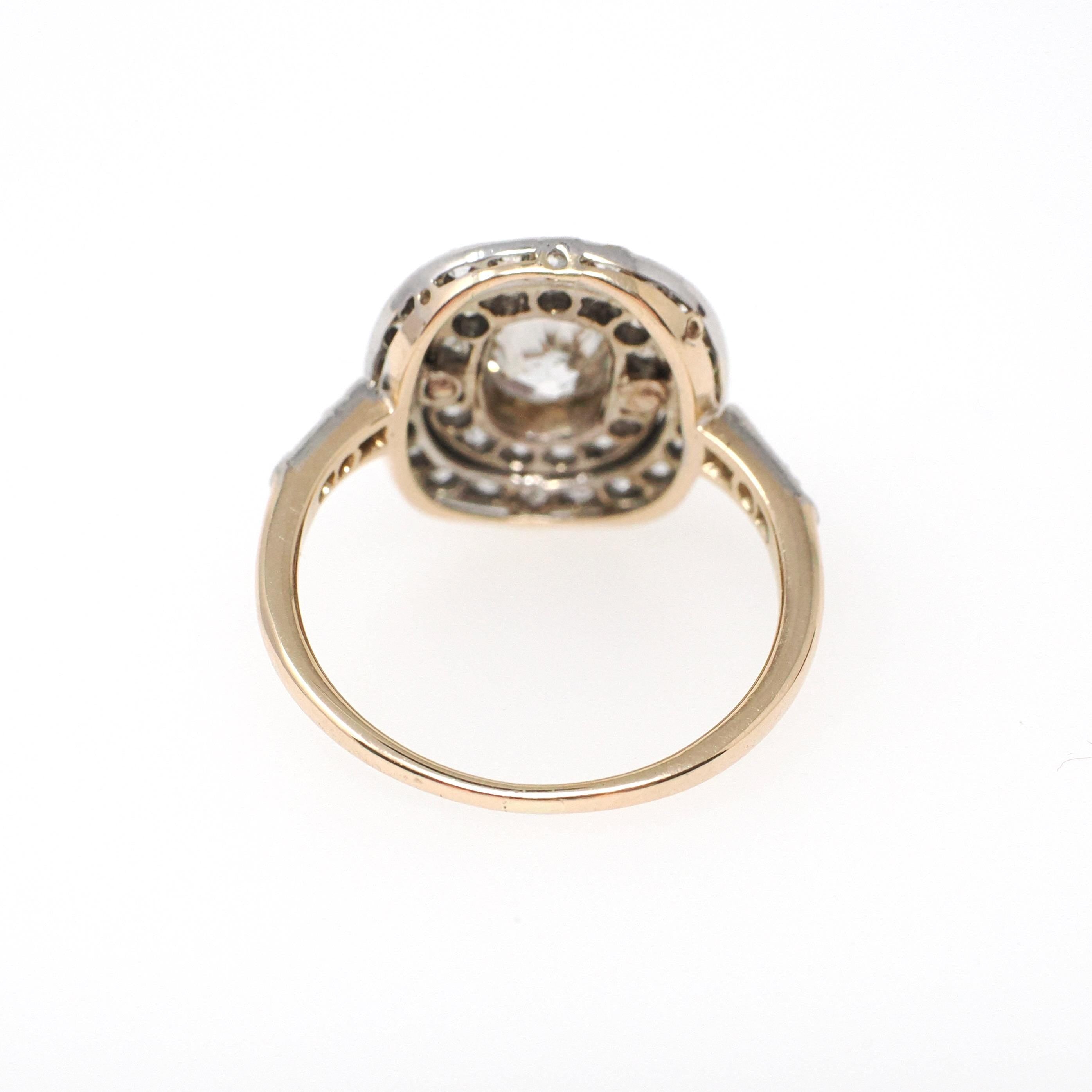 Antique Diamond Ring - Antique 14k White & 8k Yellow Gold 1.33 CTW Old Mine Cut Halo Cluster - Circa 1920s Size 6 1/2 Fine Two Tone Jewelry