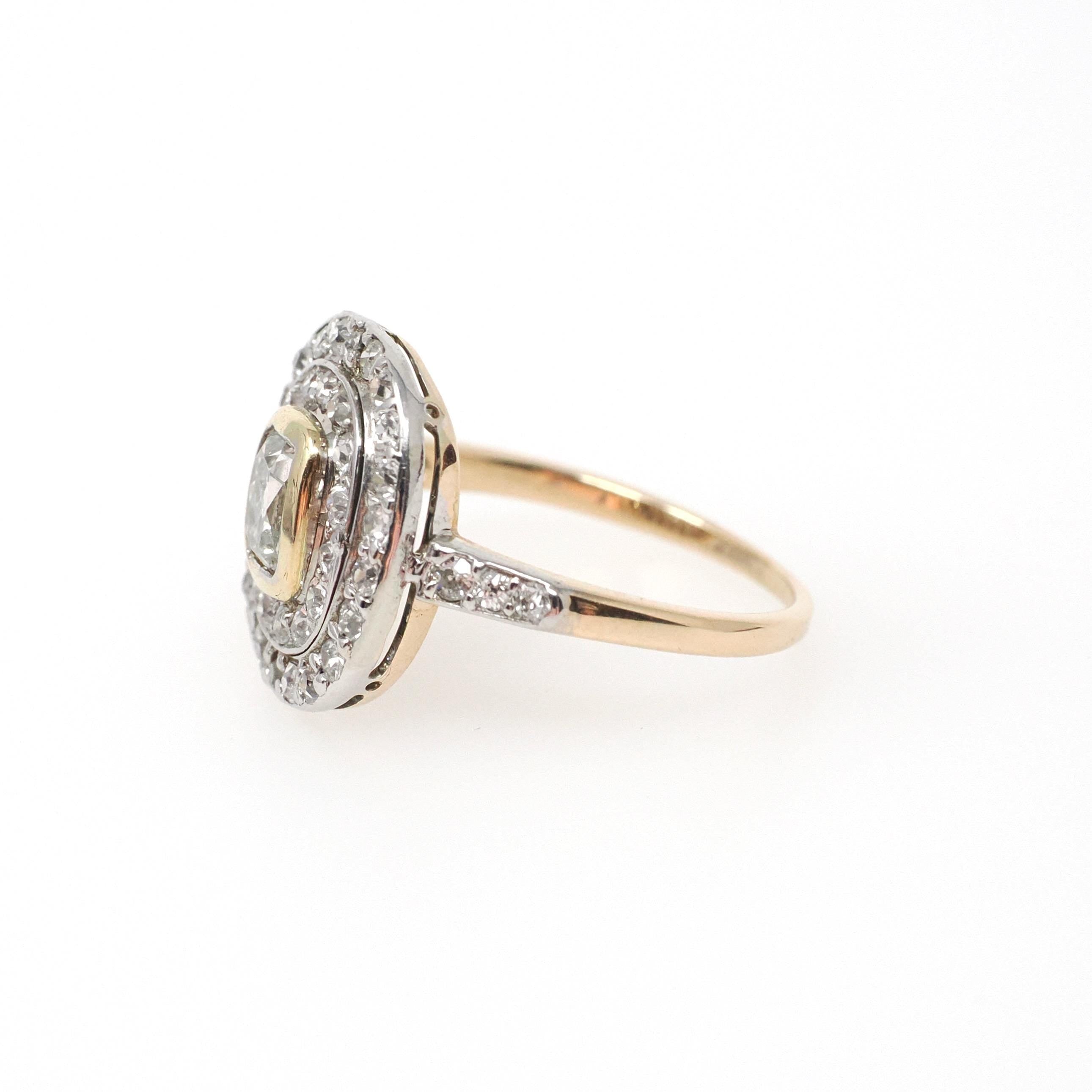 Antique Diamond Ring - Antique 14k White & 8k Yellow Gold 1.33 CTW Old Mine Cut Halo Cluster - Circa 1920s Size 6 1/2 Fine Two Tone Jewelry