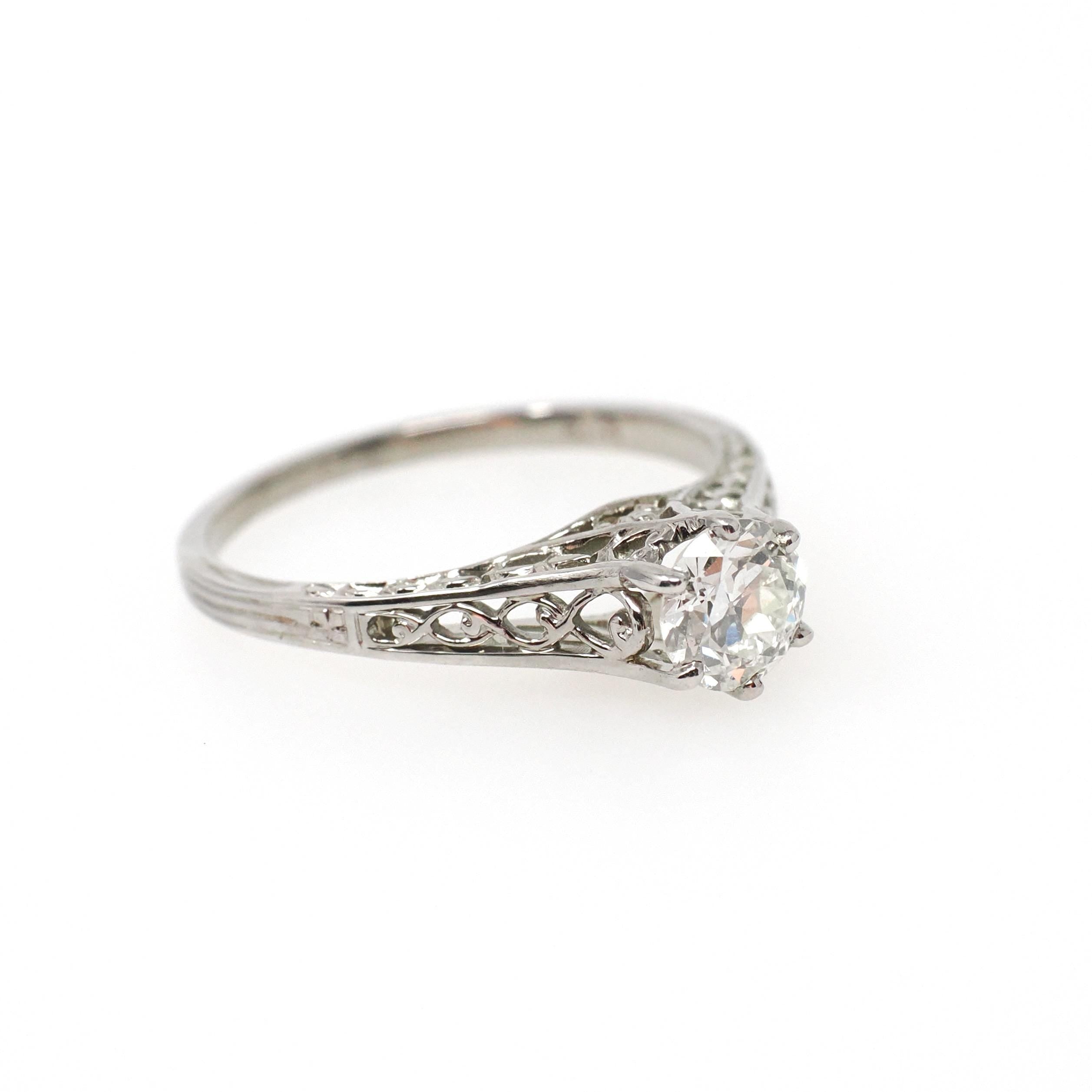 Vintage Diamond Ring - Art Deco 18k White Gold Natural .59 CT Gem Solitaire Engagement - Circa 1930s Era Size 6 1/4 Filigree Fine Jewelry
