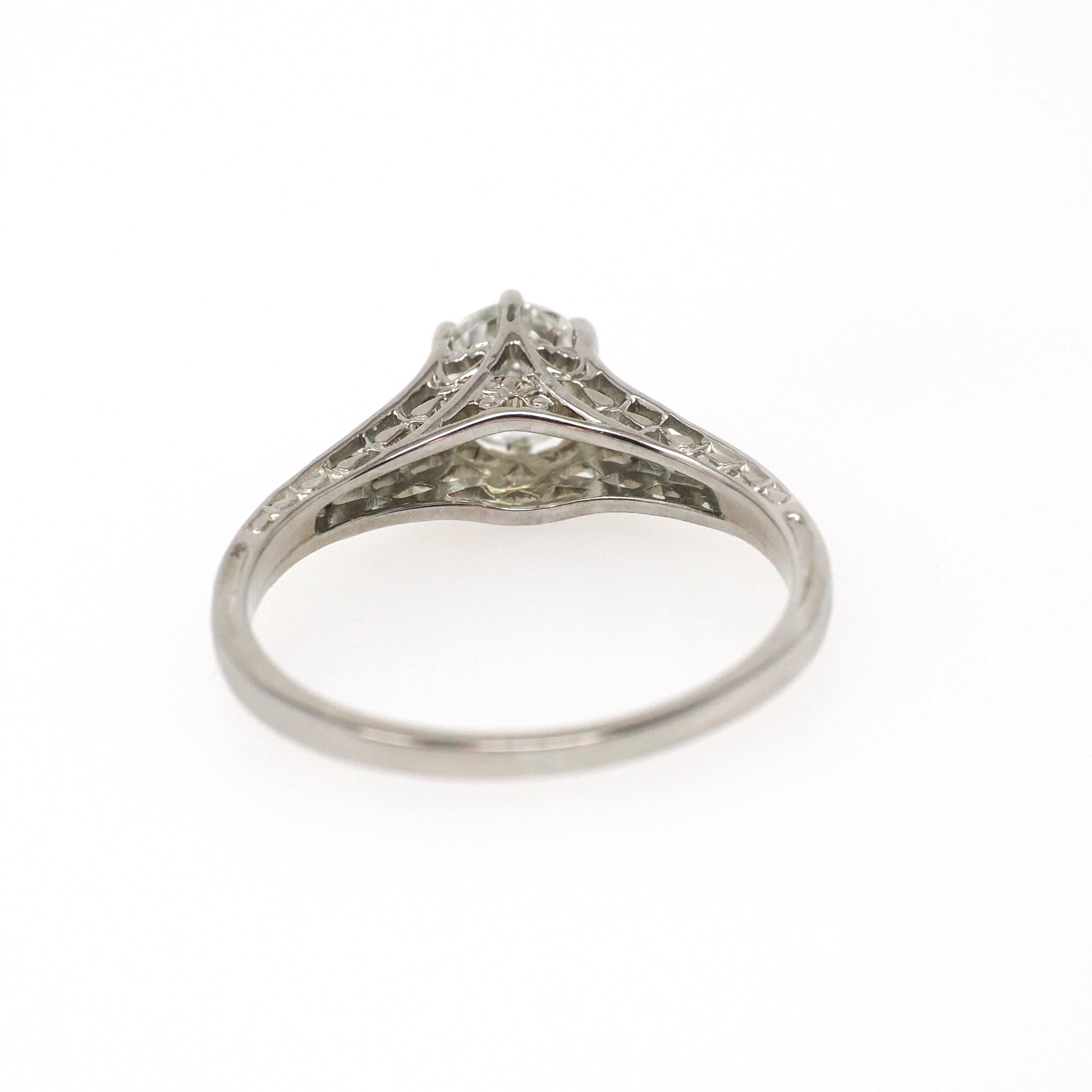 Vintage Diamond Ring - Art Deco 18k White Gold Natural .59 CT Gem Solitaire Engagement - Circa 1930s Era Size 6 1/4 Filigree Fine Jewelry