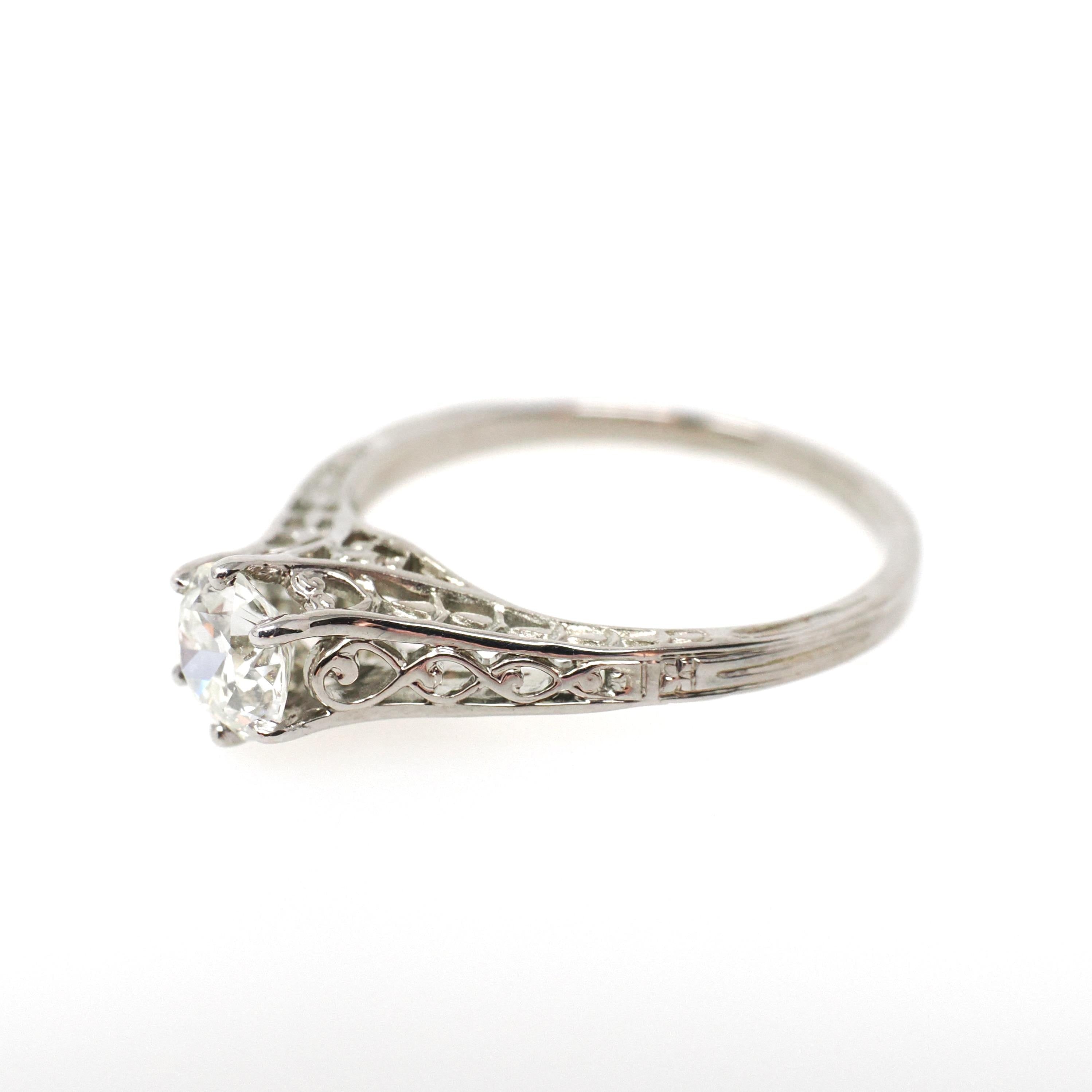 Vintage Diamond Ring - Art Deco 18k White Gold Natural .59 CT Gem Solitaire Engagement - Circa 1930s Era Size 6 1/4 Filigree Fine Jewelry