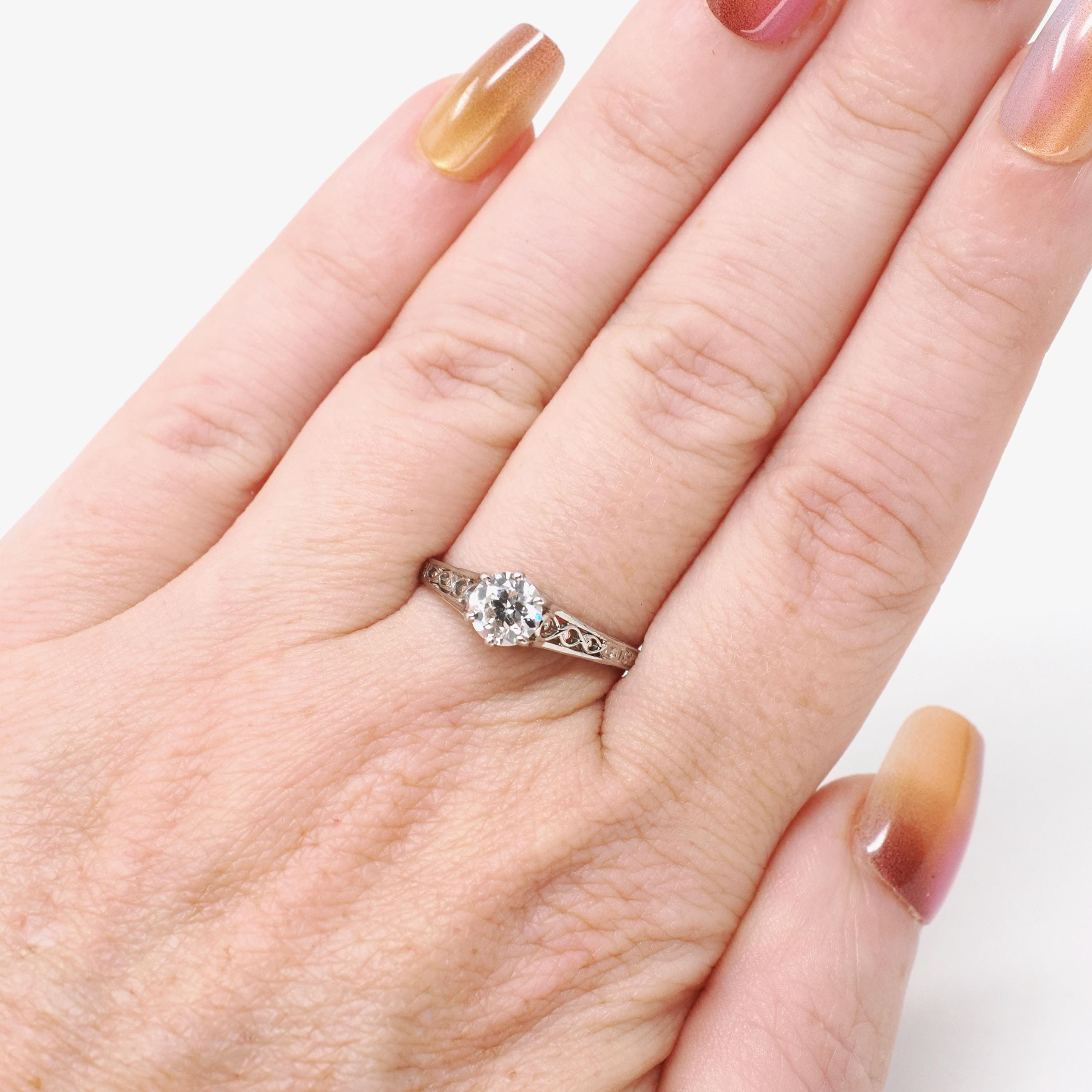 Vintage Diamond Ring - Art Deco 18k White Gold Natural .59 CT Gem Solitaire Engagement - Circa 1930s Era Size 6 1/4 Filigree Fine Jewelry