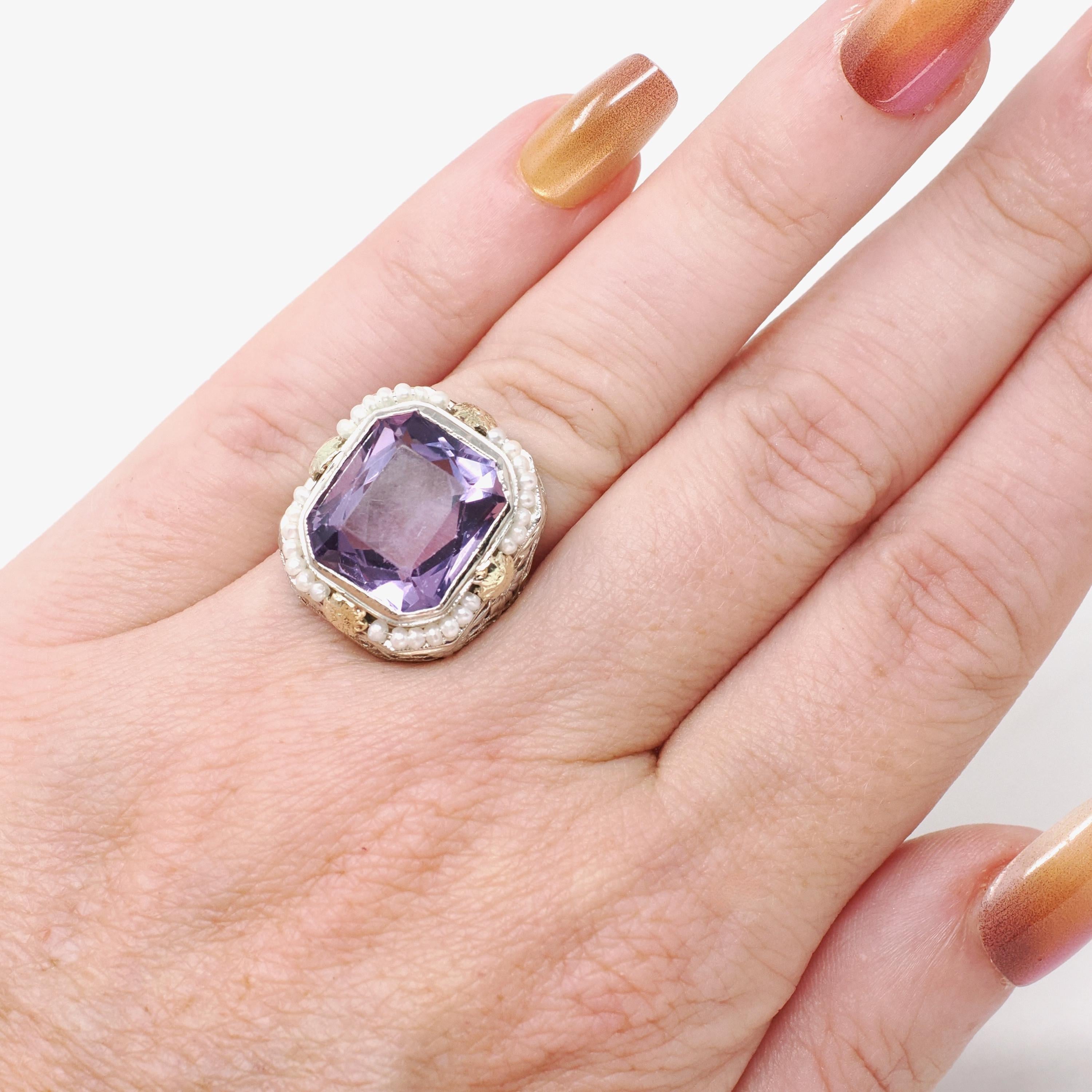 Vintage Amethyst Ring - Art Deco 14k White Gold Filigree Purple Gemstone Seed Pearl Halo - Circa 1930s Size 4 1/2 Fine Statement Jewelry