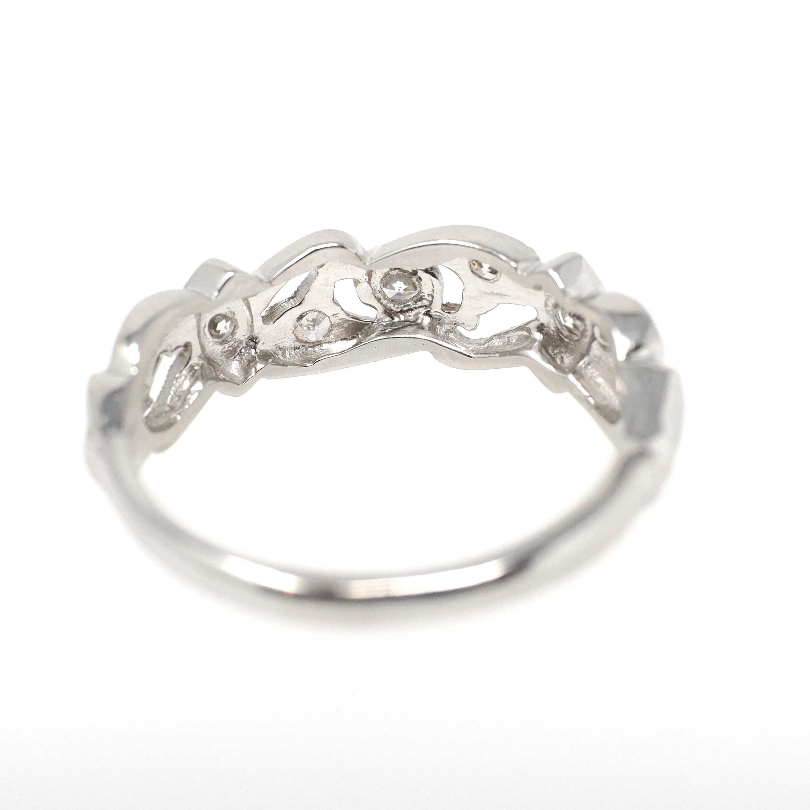 Diamond Wedding Band - Vintage Platinum .25 CTW Open Metal Filigree Design Ring - Mid Century Circa 1950s Era Size 7 1/2 Fine Bridal Jewelry