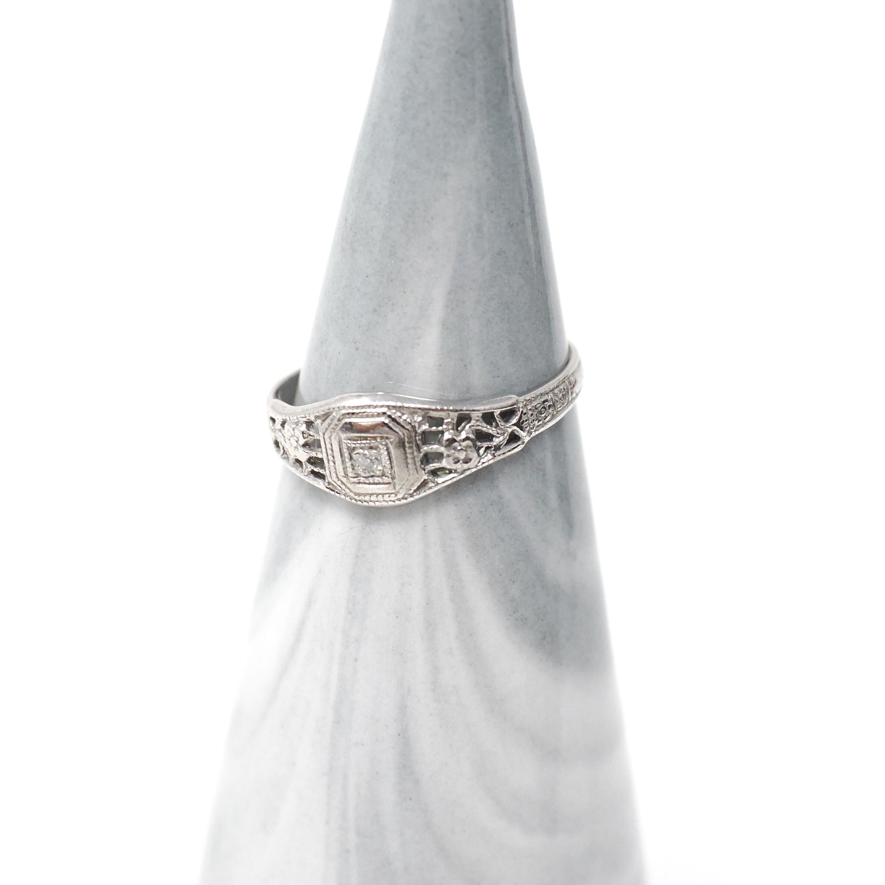 Vintage Baby Ring - Art Deco 14k White Gold Natural Diamond Flower Filigree Midi Band - Circa 1930s Era Size 3 Floral Dainty Fine Jewelry