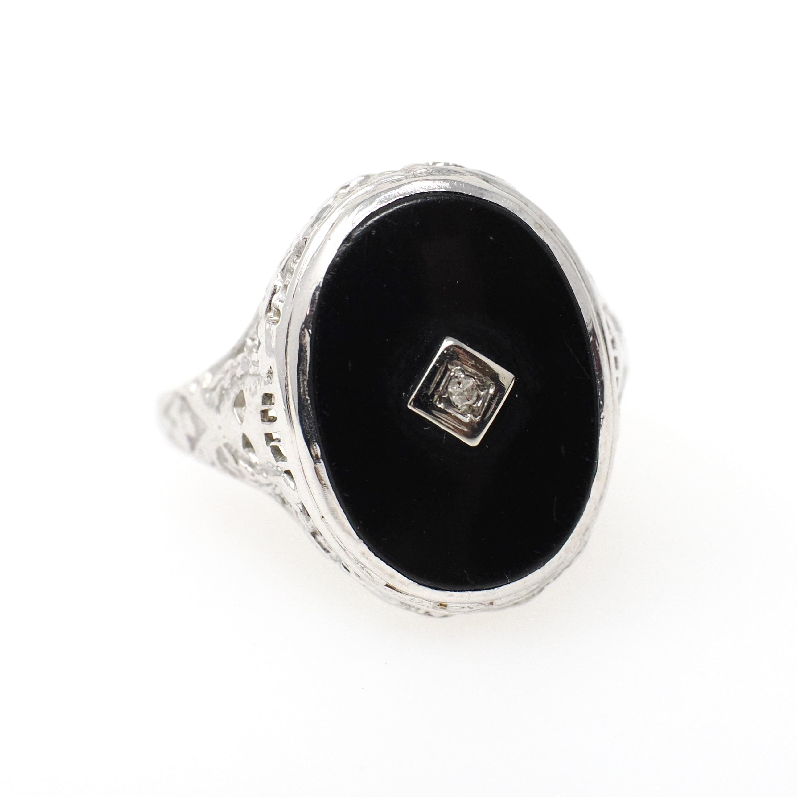 Onyx Filigree Ring - Art Deco Era 14k White Gold Natural Diamond & Black Chalcedony Statement - Vintage Circa 1930s Size 7 1/4 Fine Jewelry