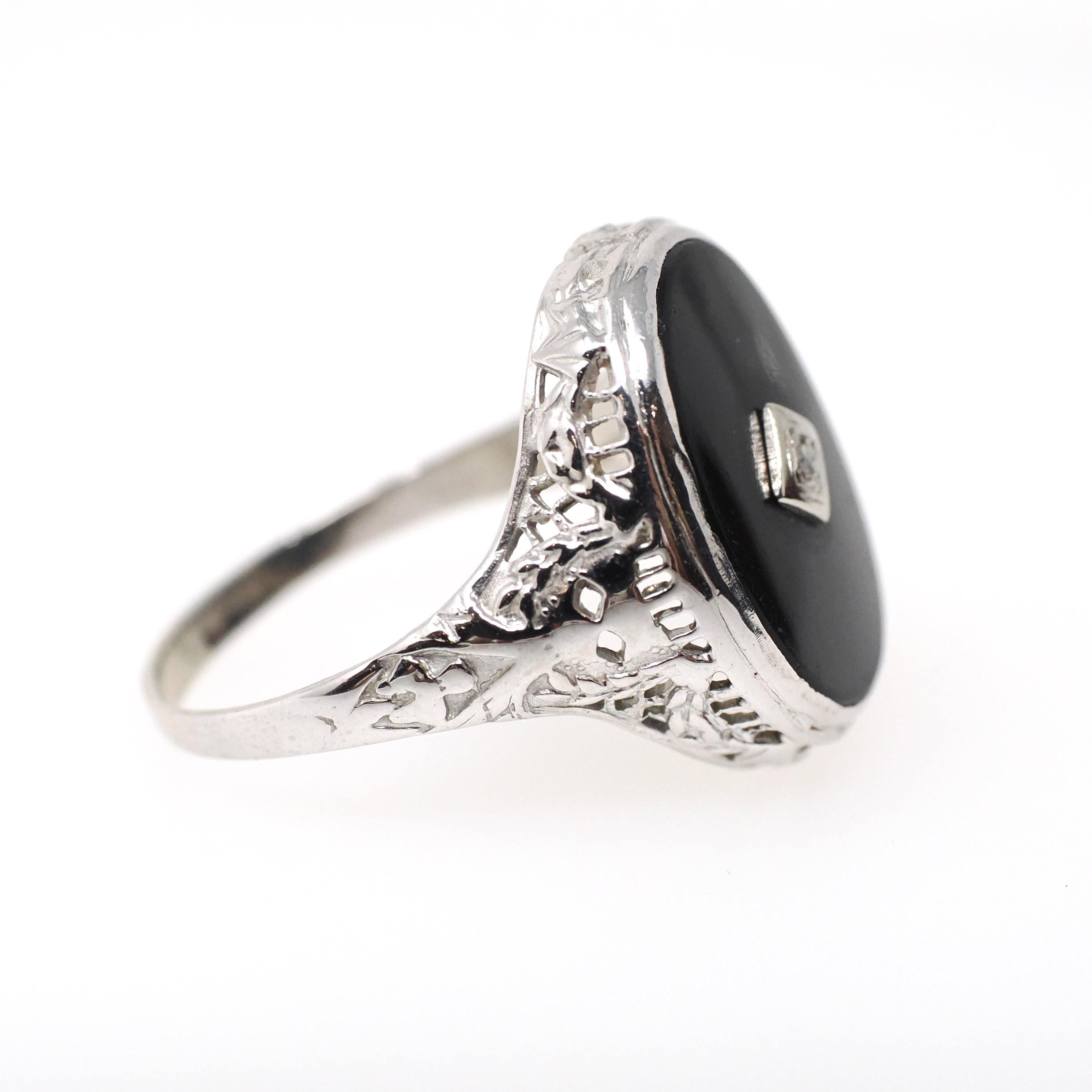 Onyx Filigree Ring - Art Deco Era 14k White Gold Natural Diamond & Black Chalcedony Statement - Vintage Circa 1930s Size 7 1/4 Fine Jewelry