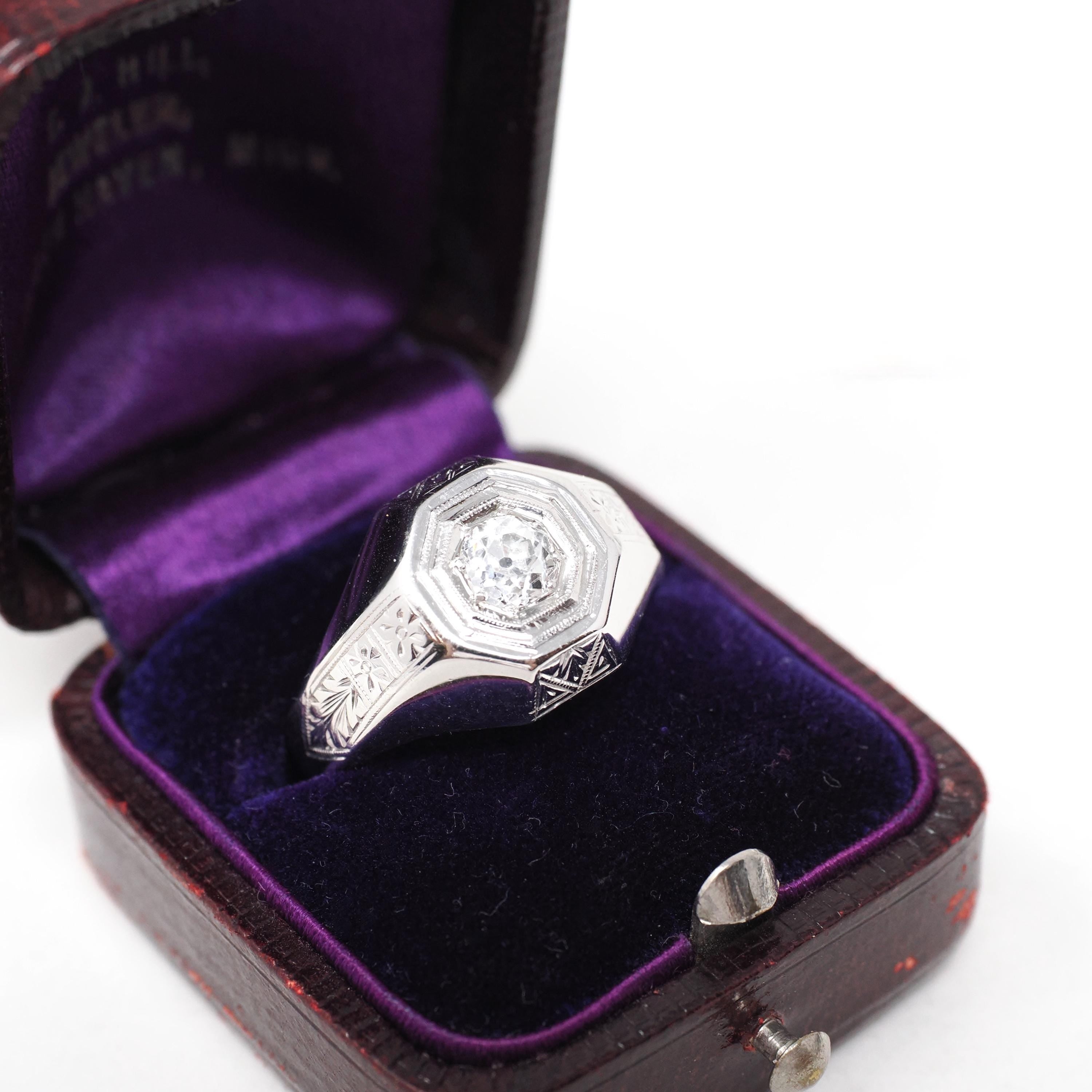 Art Deco Diamond Ring - Vintage 18k White Gold Natural .52 CT Old European Cut Unisex Engagement - Circa 1930s Octagonal Fine Bridal Jewelry