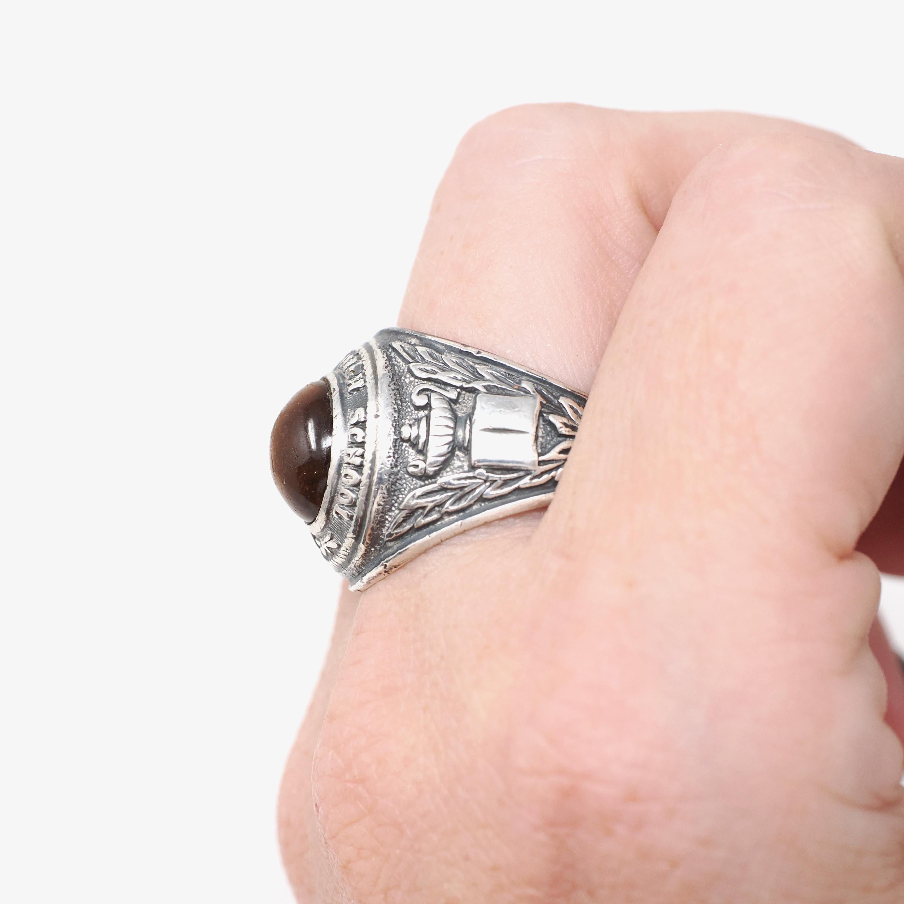 William Penn High School Ring - Art Deco Era Sterling Silver Cabochon Tiger's Eye Gemstone - Vintage Dated 1936 Size 10 1/4 PA Class Jewelry