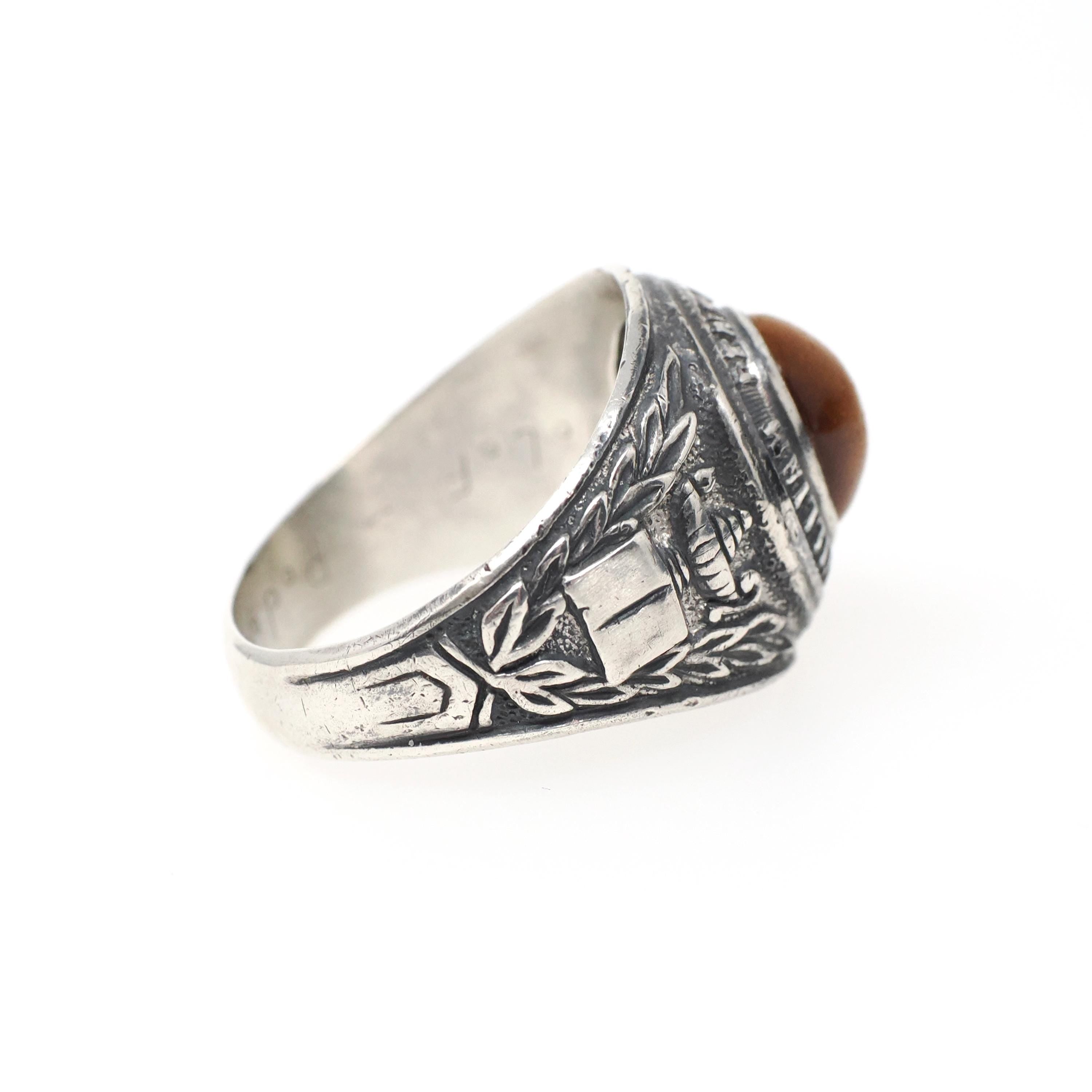 William Penn High School Ring - Art Deco Era Sterling Silver Cabochon Tiger's Eye Gemstone - Vintage Dated 1936 Size 10 1/4 PA Class Jewelry