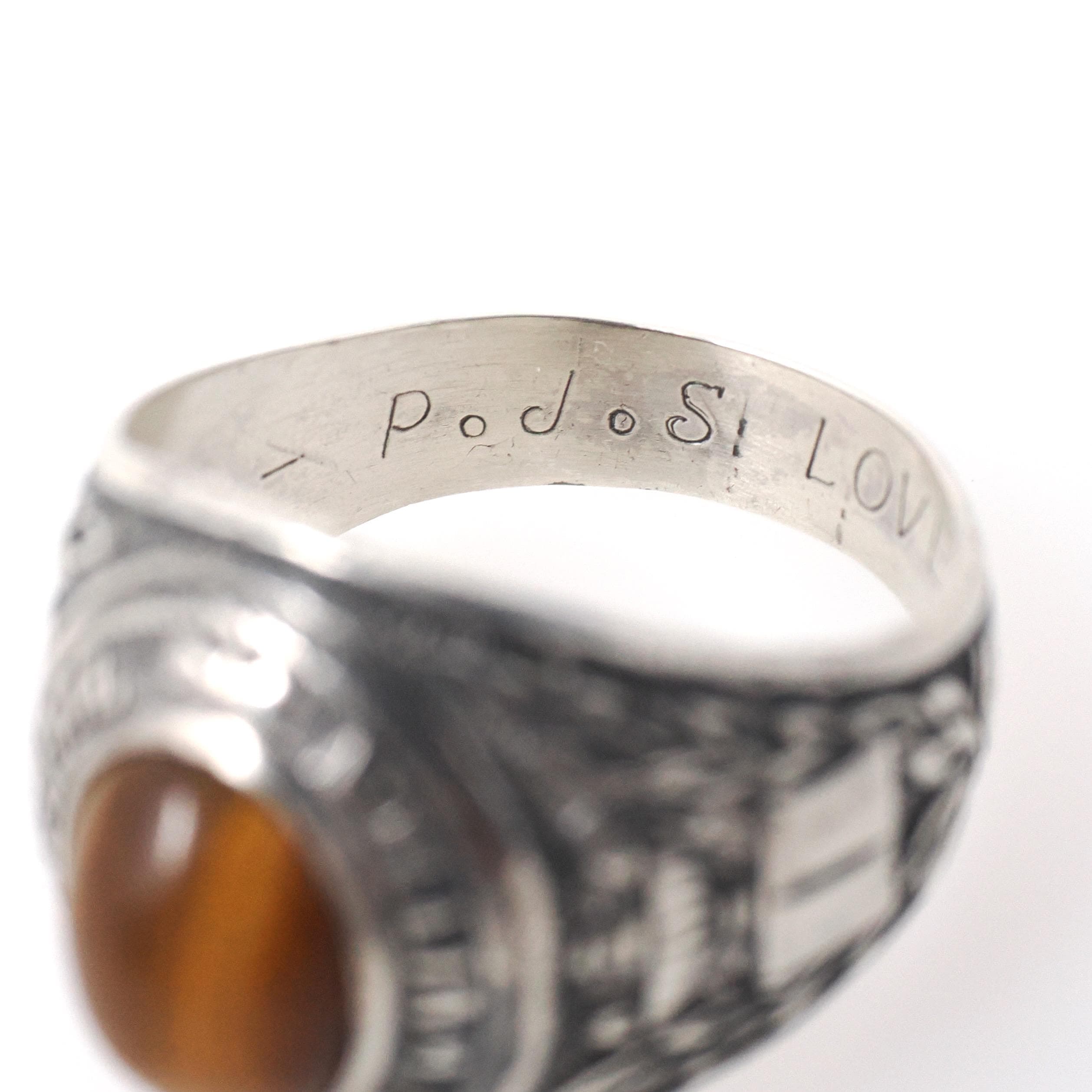 William Penn High School Ring - Art Deco Era Sterling Silver Cabochon Tiger's Eye Gemstone - Vintage Dated 1936 Size 10 1/4 PA Class Jewelry