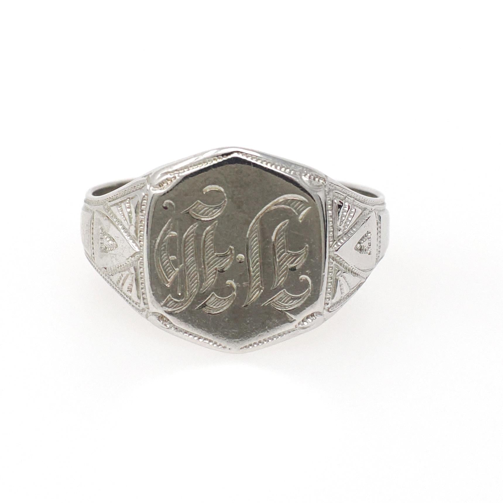 Vintage "JH" Signet Ring - Art Deco 10k White Gold Hexagonal Men's Unisex Statement - Circa 1930s Era Size 7 1/2 Ostby & Barton Fine Jewelry