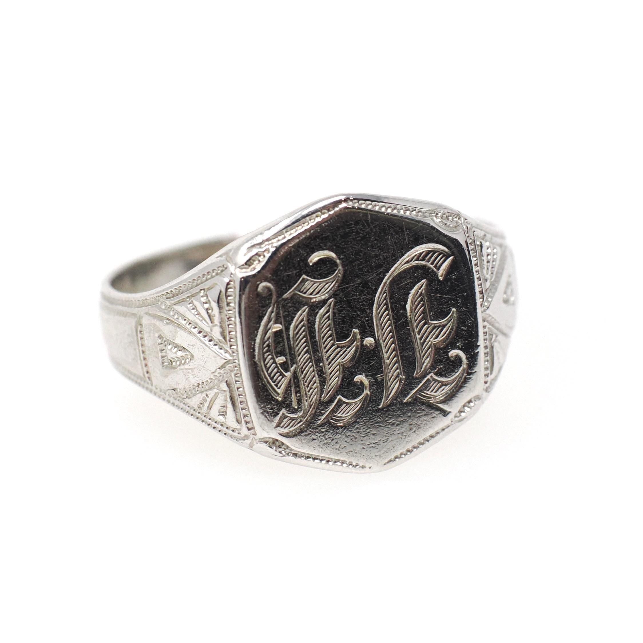 Vintage "JH" Signet Ring - Art Deco 10k White Gold Hexagonal Men's Unisex Statement - Circa 1930s Era Size 7 1/2 Ostby & Barton Fine Jewelry