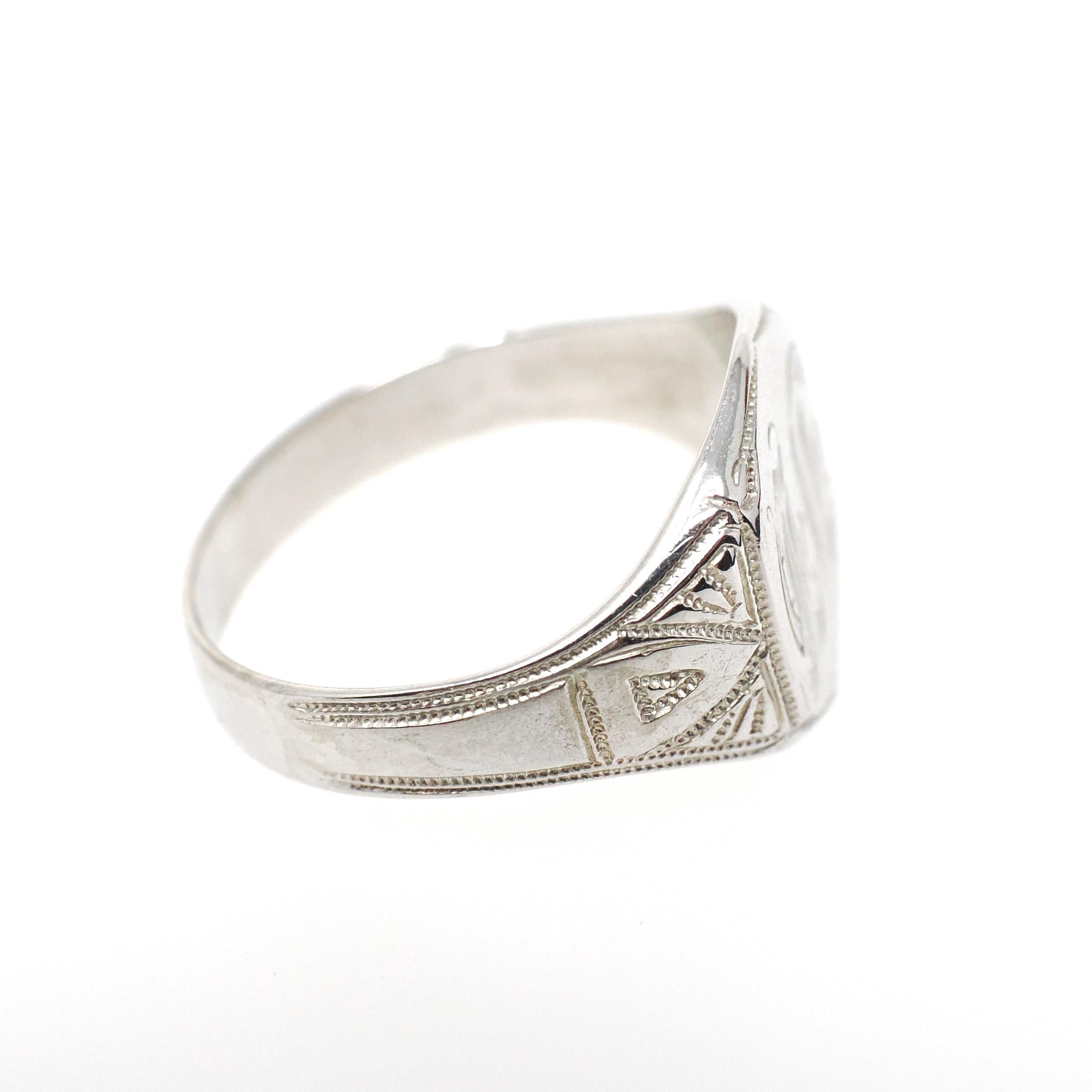 Vintage "JH" Signet Ring - Art Deco 10k White Gold Hexagonal Men's Unisex Statement - Circa 1930s Era Size 7 1/2 Ostby & Barton Fine Jewelry