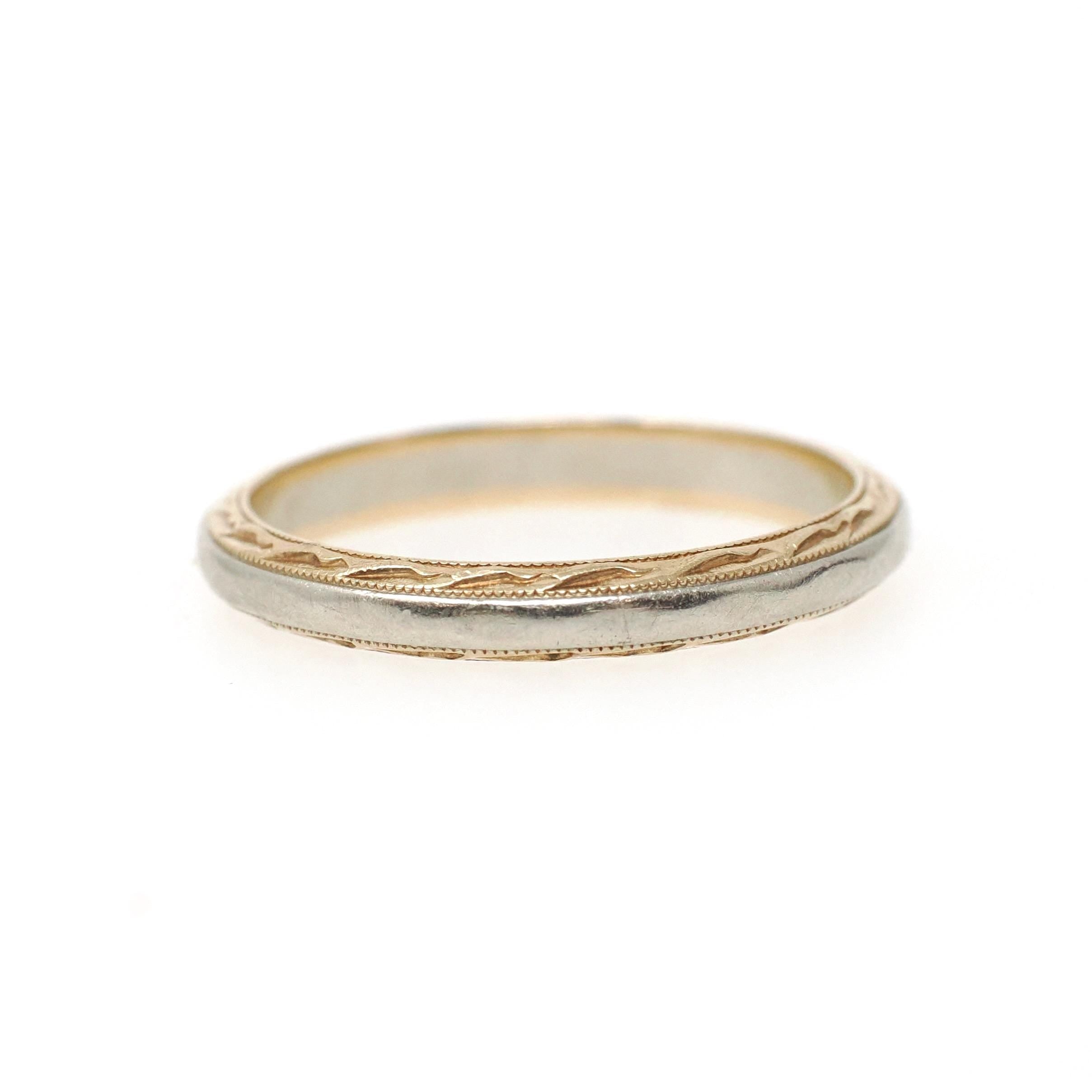 Vintage Wedding Band - Mid Century 14k Yellow & White Gold Two Tone Ring - Circa 1950s Size 7.5 Scallop Design Fine Engraved Bridal Jewelry