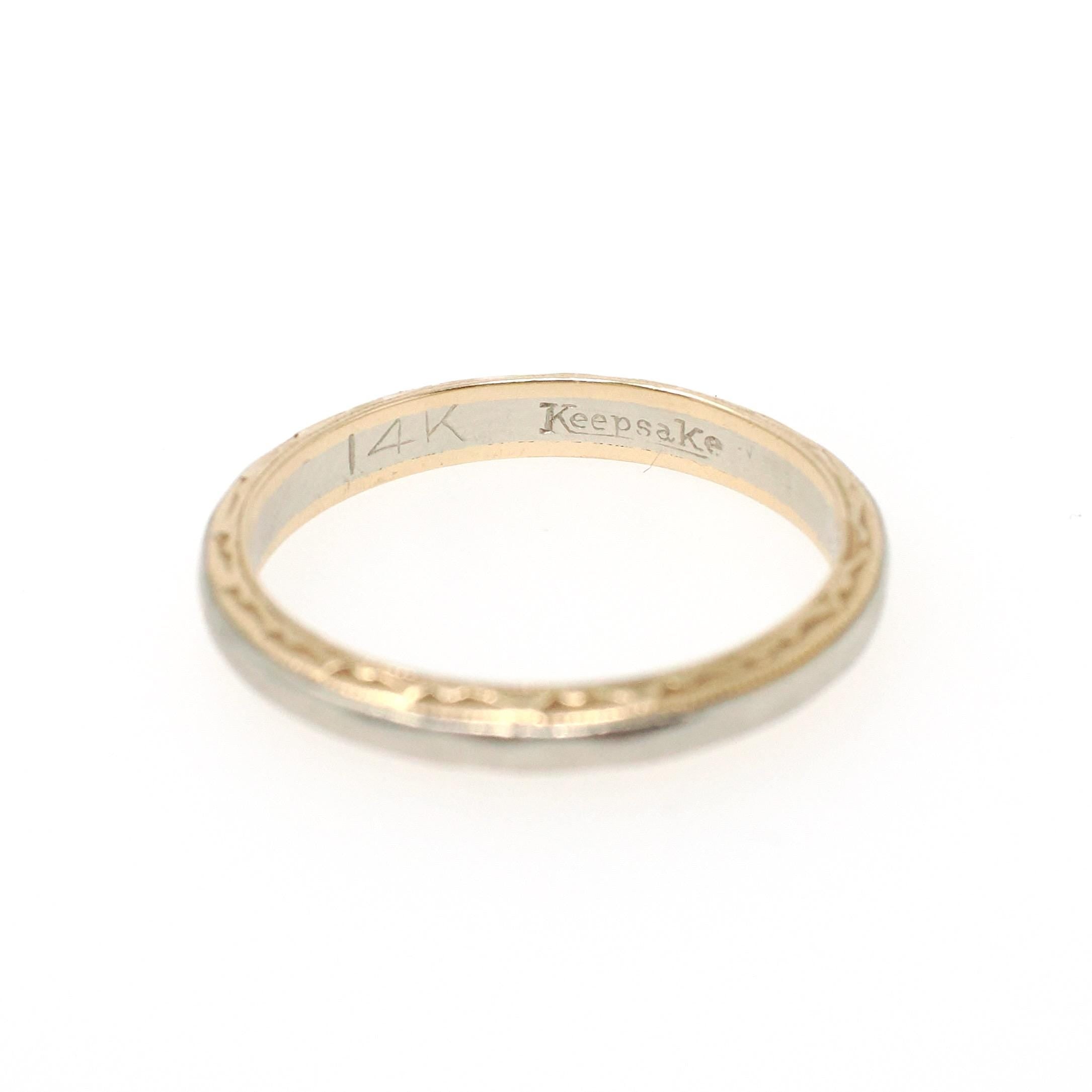 Vintage Wedding Band - Mid Century 14k Yellow & White Gold Two Tone Ring - Circa 1950s Size 7.5 Scallop Design Fine Engraved Bridal Jewelry