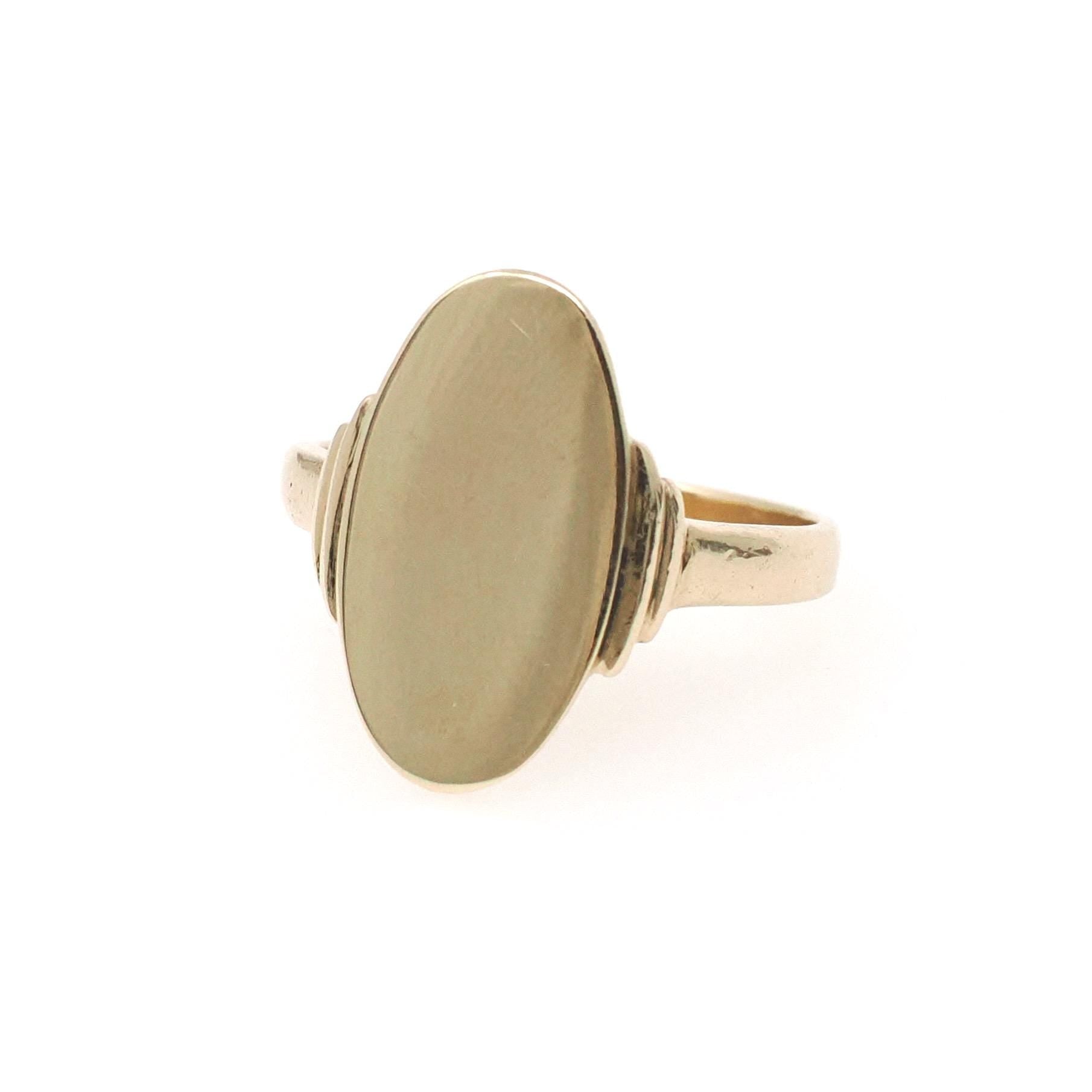 Vintage Signet Ring - Mid Century 10k Yellow Gold Elongated Oval Statement Shield - Circa 1950s Era Size 6 1/4 Engrave Fine B&F Jewelry