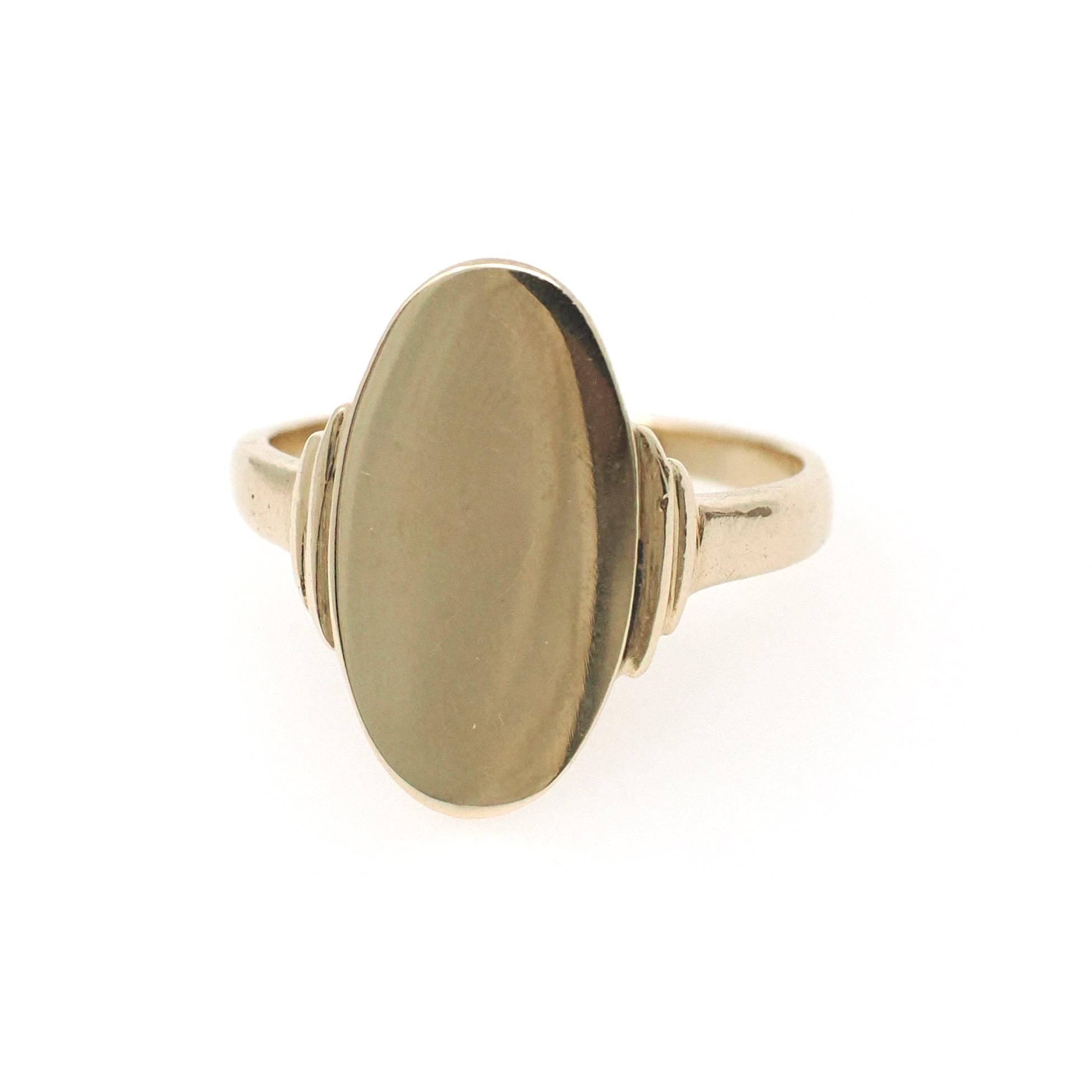 Vintage Signet Ring - Mid Century 10k Yellow Gold Elongated Oval Statement Shield - Circa 1950s Era Size 6 1/4 Engrave Fine B&F Jewelry