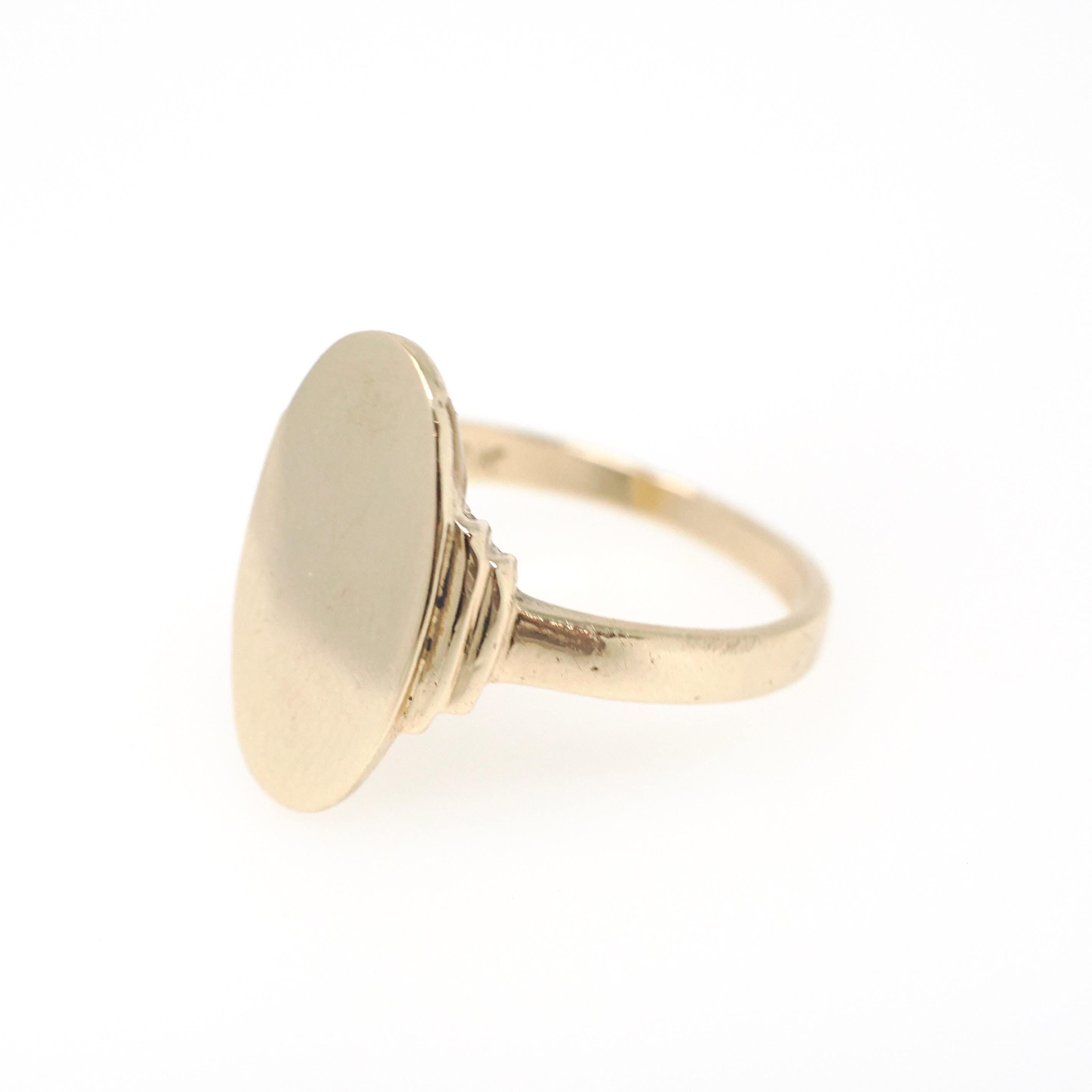 Vintage Signet Ring - Mid Century 10k Yellow Gold Elongated Oval Statement Shield - Circa 1950s Era Size 6 1/4 Engrave Fine B&F Jewelry