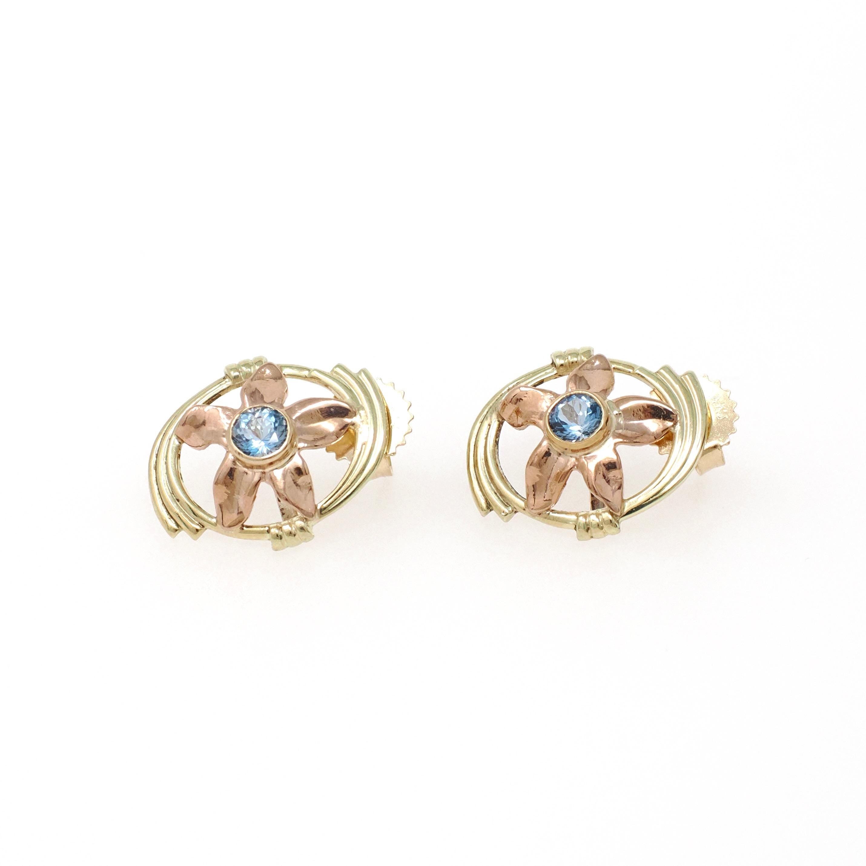 Vintage Aquamarine Earrings - Mid Century 14k Yellow & Rose Gold Flower Studs - Circa 1940s Pierced Push Back Floral Two Tone Fine Jewelry
