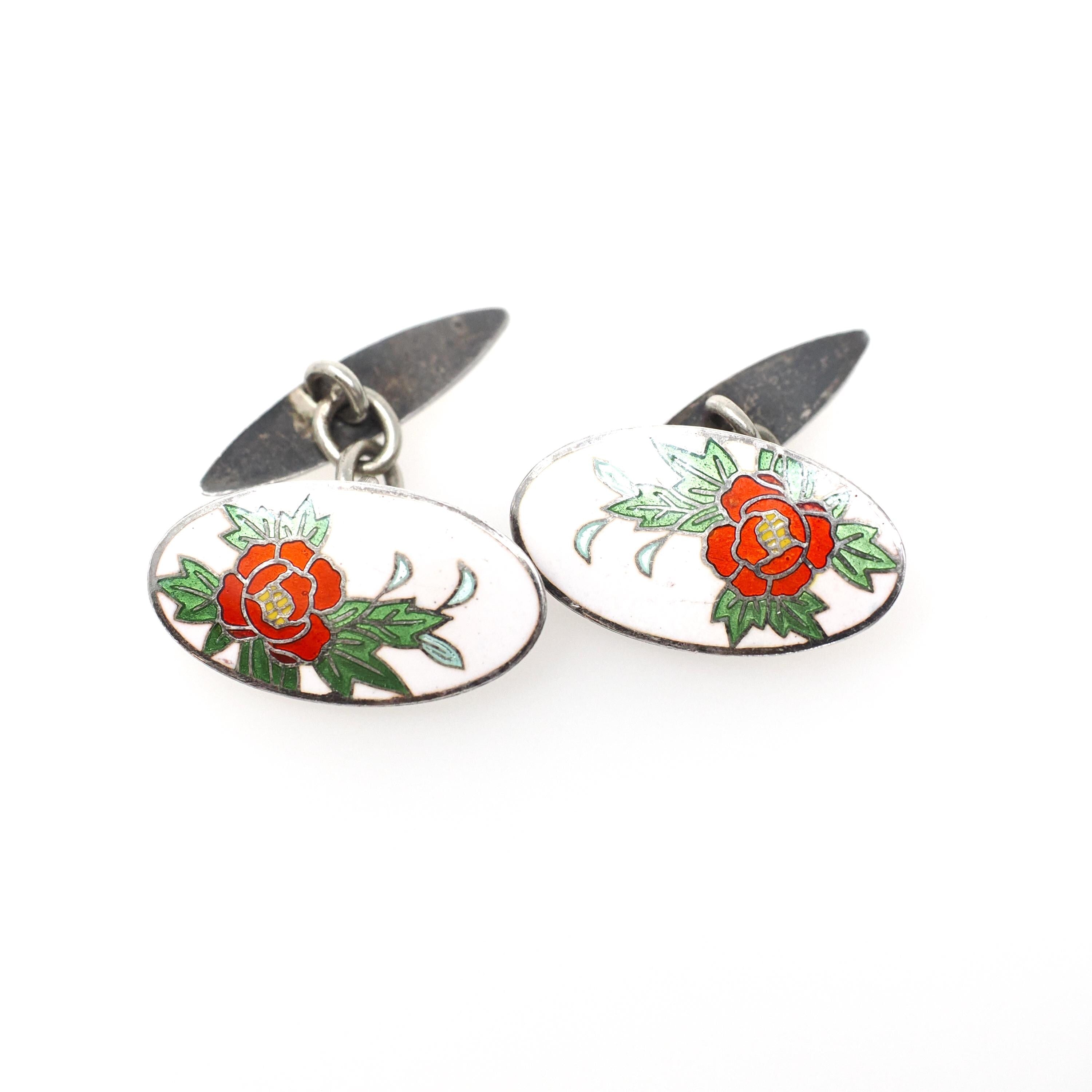 Art Deco Cufflinks - Vintage Silver White Red Green Flower Enamel Plate Design - Circa 1930s Men's Unisex Accessory Fine Floral 30s Jewelry