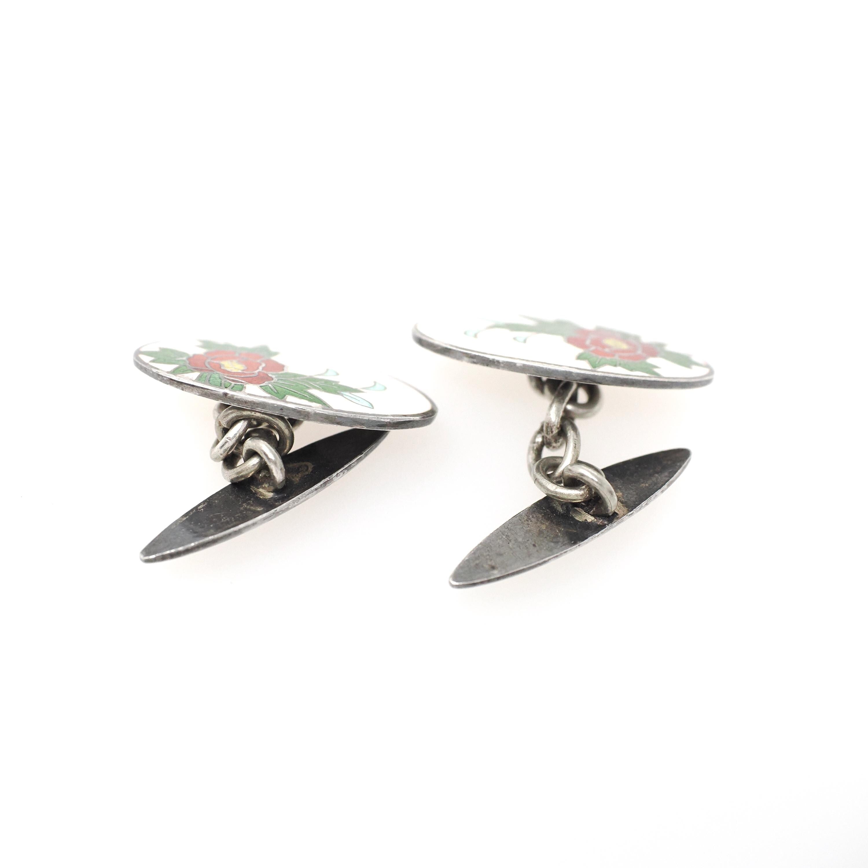 Art Deco Cufflinks - Vintage Silver White Red Green Flower Enamel Plate Design - Circa 1930s Men's Unisex Accessory Fine Floral 30s Jewelry
