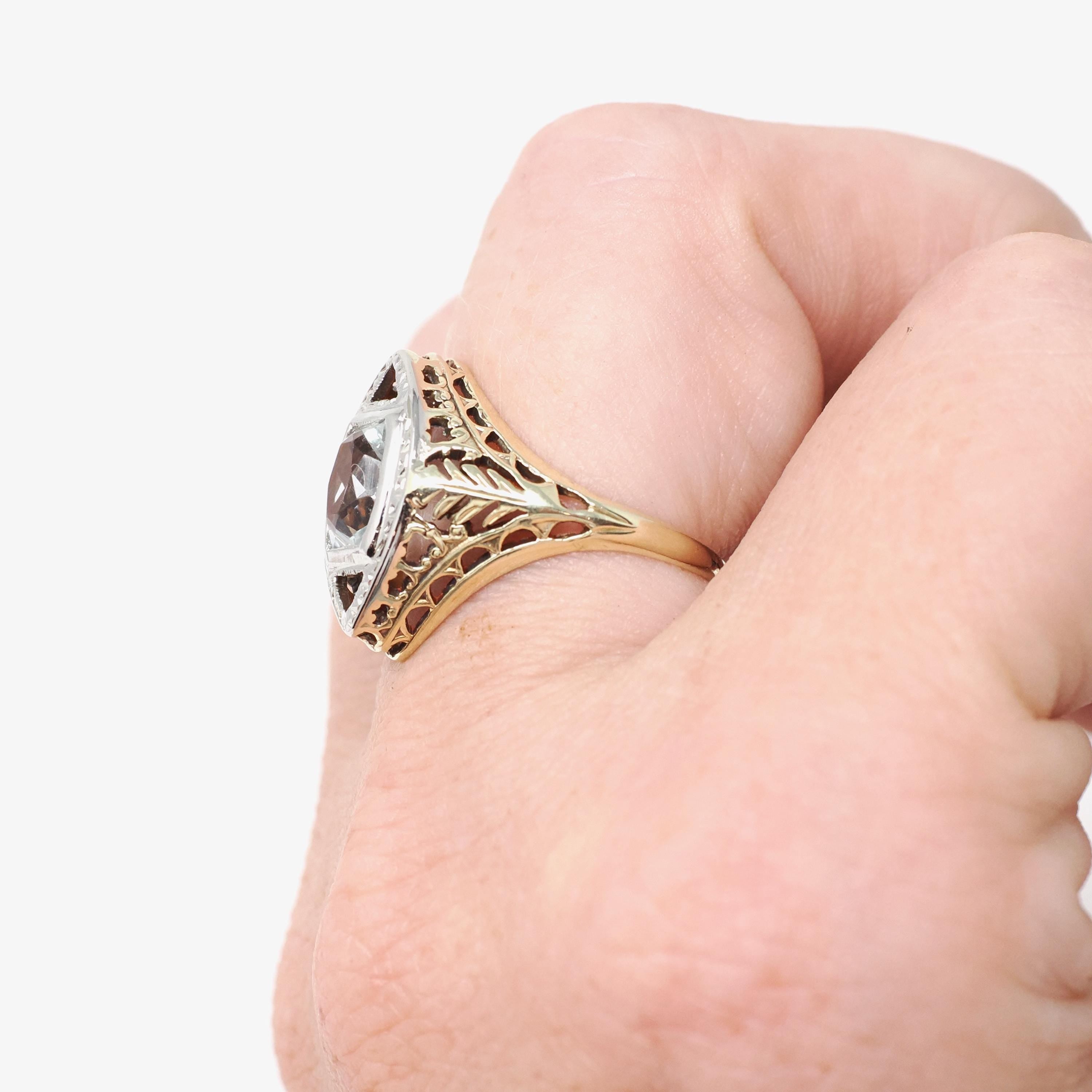 Vintage Aquamarine Ring - Art Deco Era 14k Yellow & White Gold Natural Light Blue Gemstone - Circa 1930s Size 6 Filigree Fine 30s Jewelry