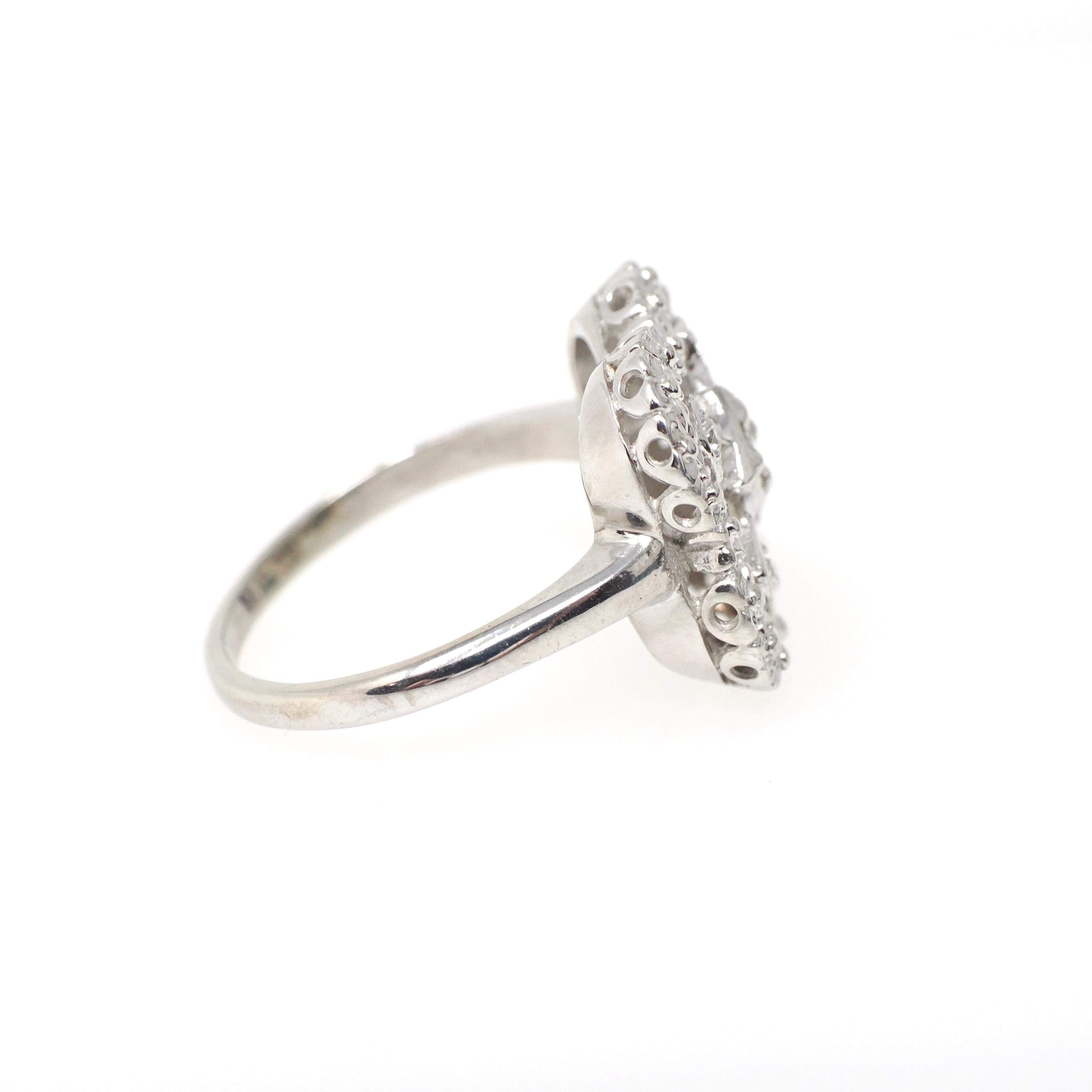Vintage Shield Ring - Mid Century 14k White Gold .18 CTW Natural Diamonds - Circa 1950s Size 7 Fine Filigree Alhambra Clover Halo Jewelry