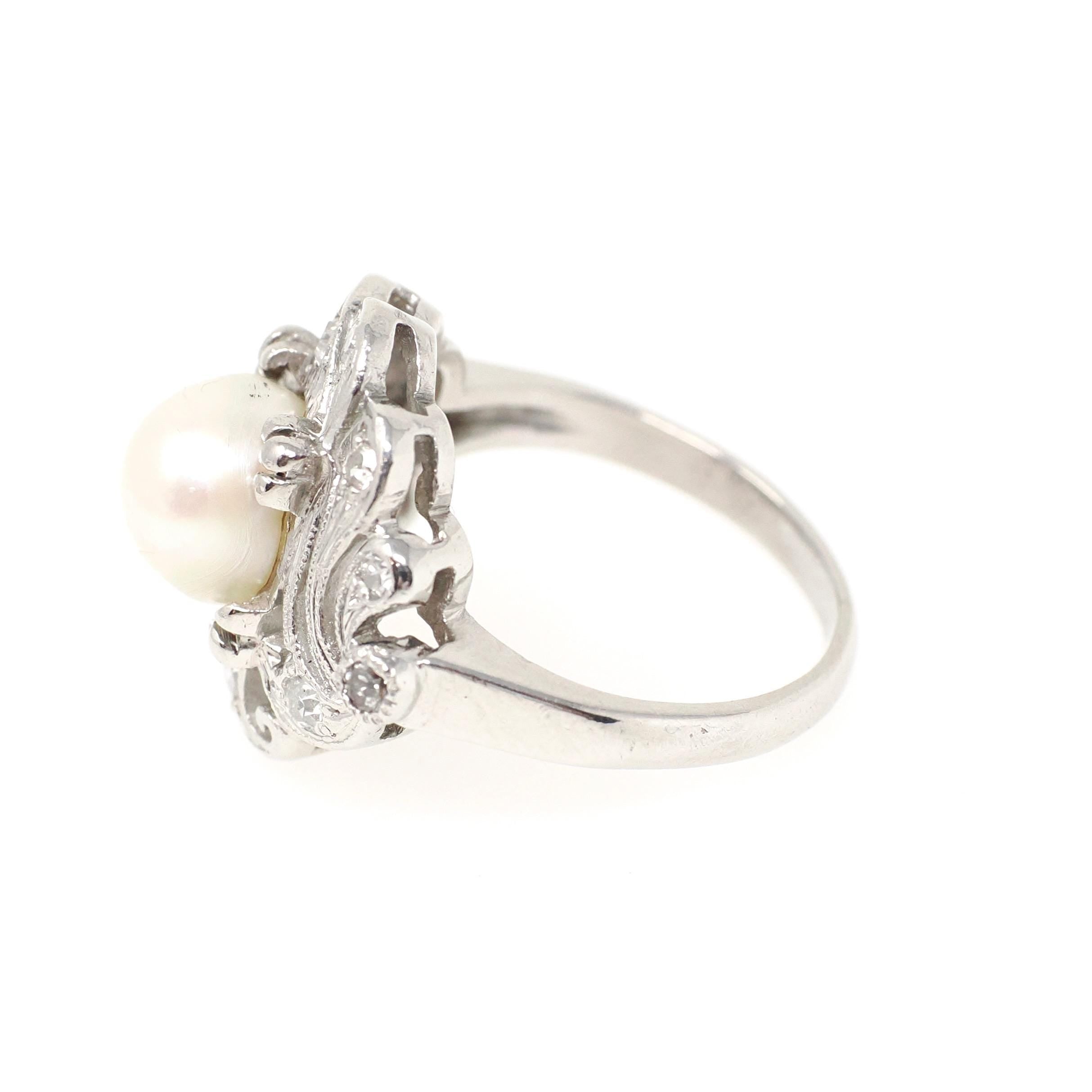Art Deco Pearl Ring - Antique Platinum Organic 7.5 MM Cultured Gem - Circa 1920s Size 5 Fine .24 CTW Diamond Accent June Birthstone Jewelry