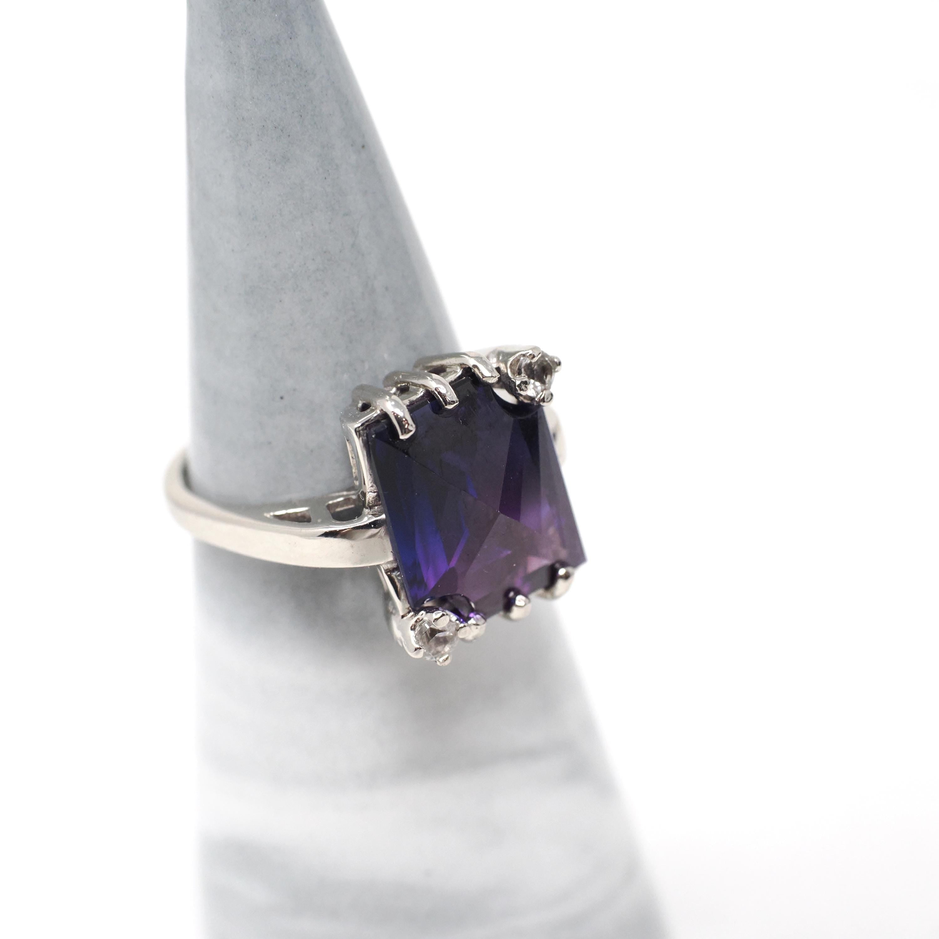 Created Color Change Sapphire Ring - Mid Century 10k White Gold Purple Blue Gem - Vintage 1960s Size 7 1/4 Created White Spinel Fine Jewelry