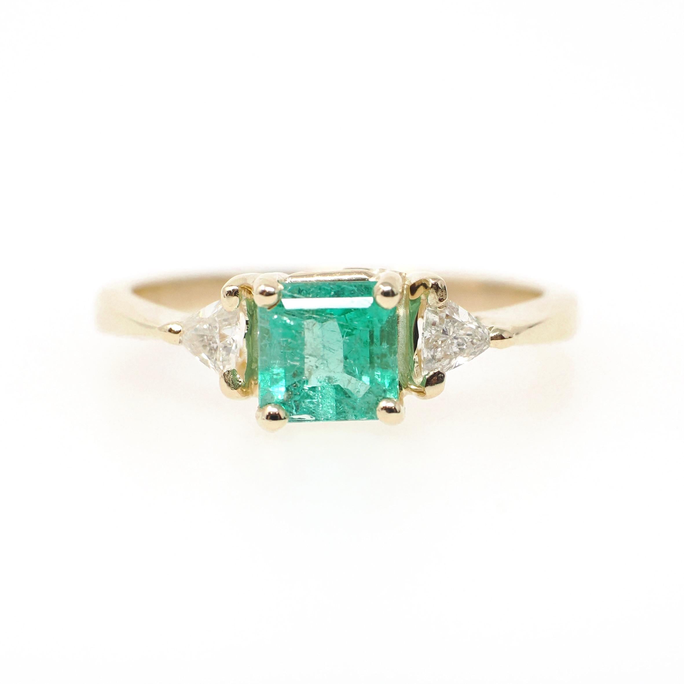 Emerald & Diamond Engagement Ring - Estate 14k Yellow Gold Three Stone Trillion Accent - Modern 2000s Era Size 8 May Birthstone Fine Jewelry
