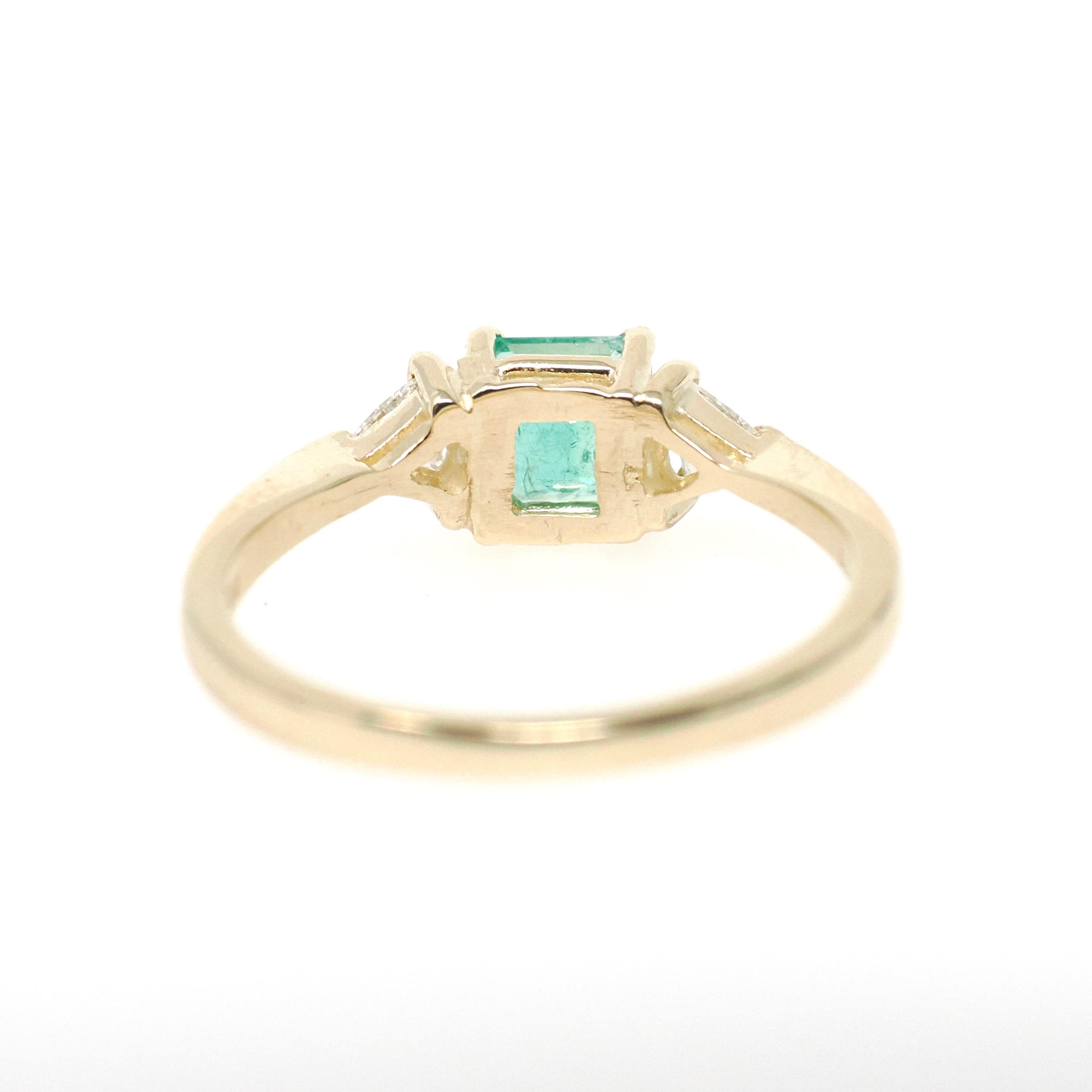 Emerald & Diamond Engagement Ring - Estate 14k Yellow Gold Three Stone Trillion Accent - Modern 2000s Era Size 8 May Birthstone Fine Jewelry