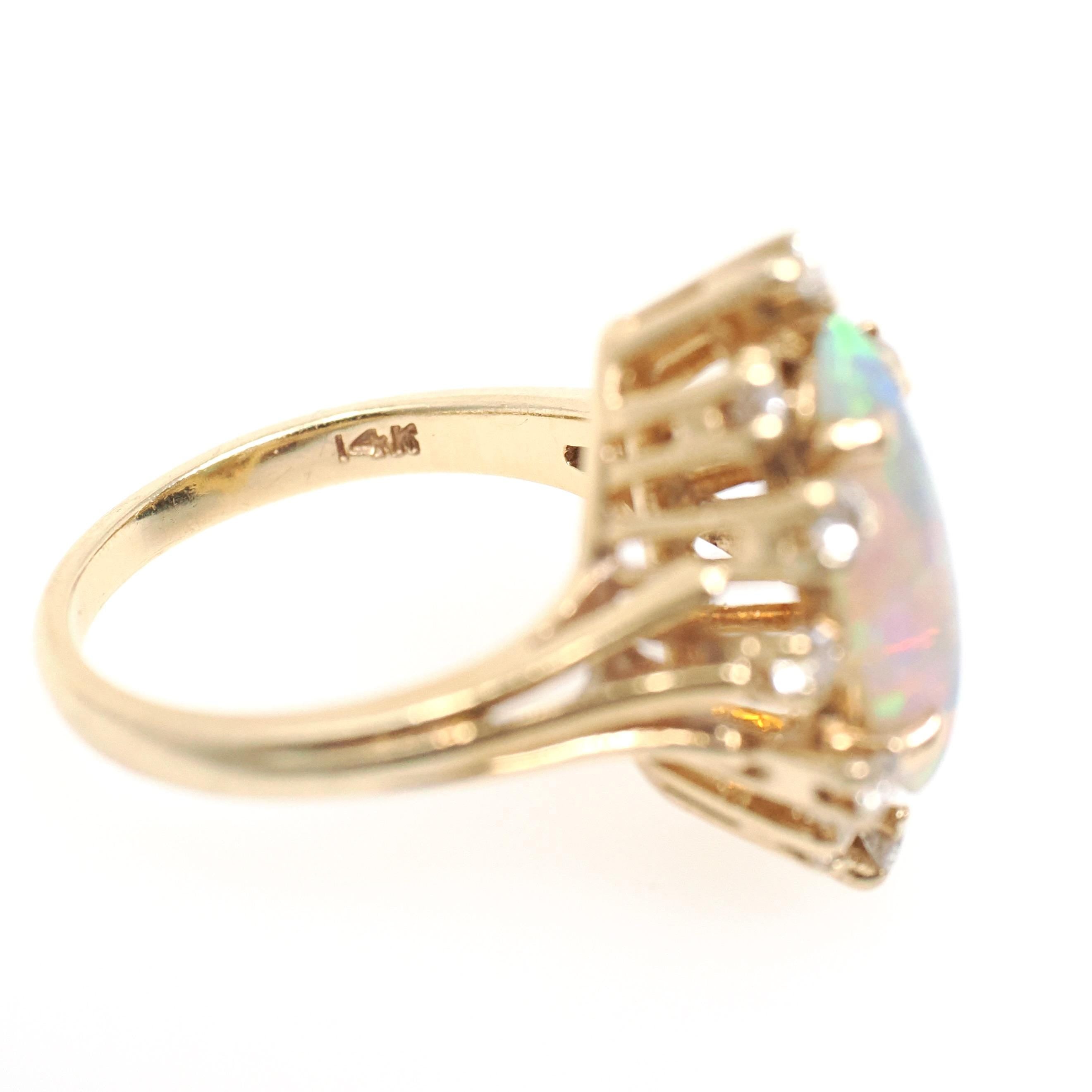 Opal Cocktail Ring - Vintage 14k Yellow Gold Marquise Cabochon Gem .24 CTW Diamond Accent Navette Halo - Circa 1980s Size 4 3/4 Fine Jewelry