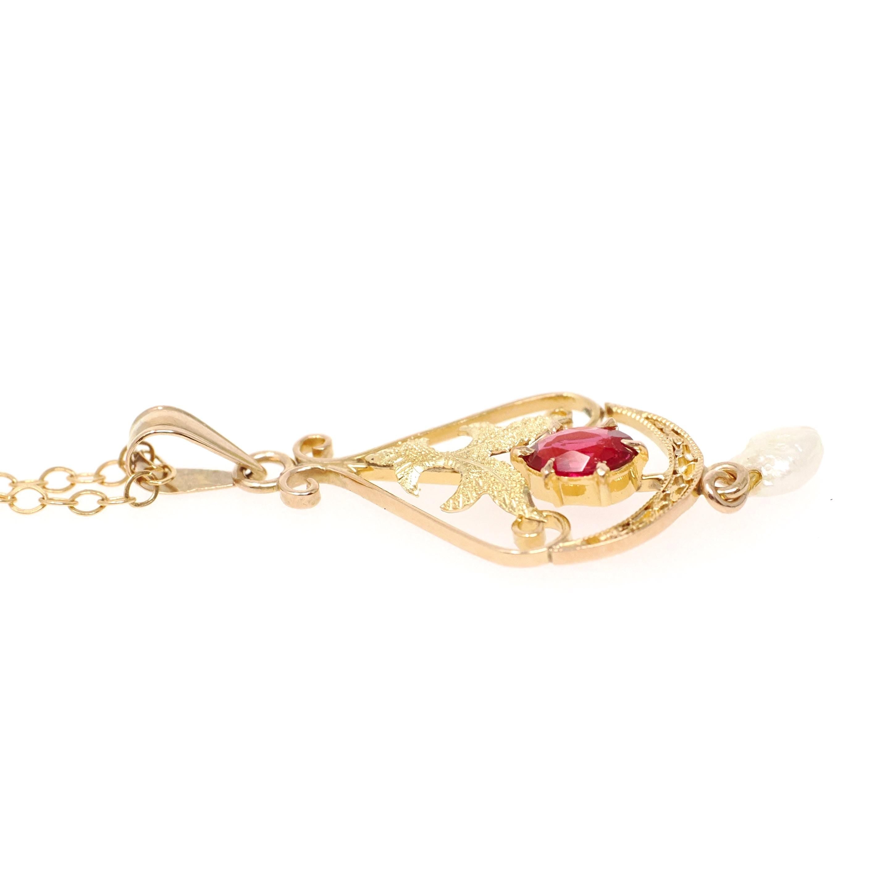 Antique Lavalier Necklace - Edwardian 10k Yellow Gold Red Glass Baroque Pearl Pendant - Vintage Circa 1910s Era Dainty Fine A&Z Jewelry