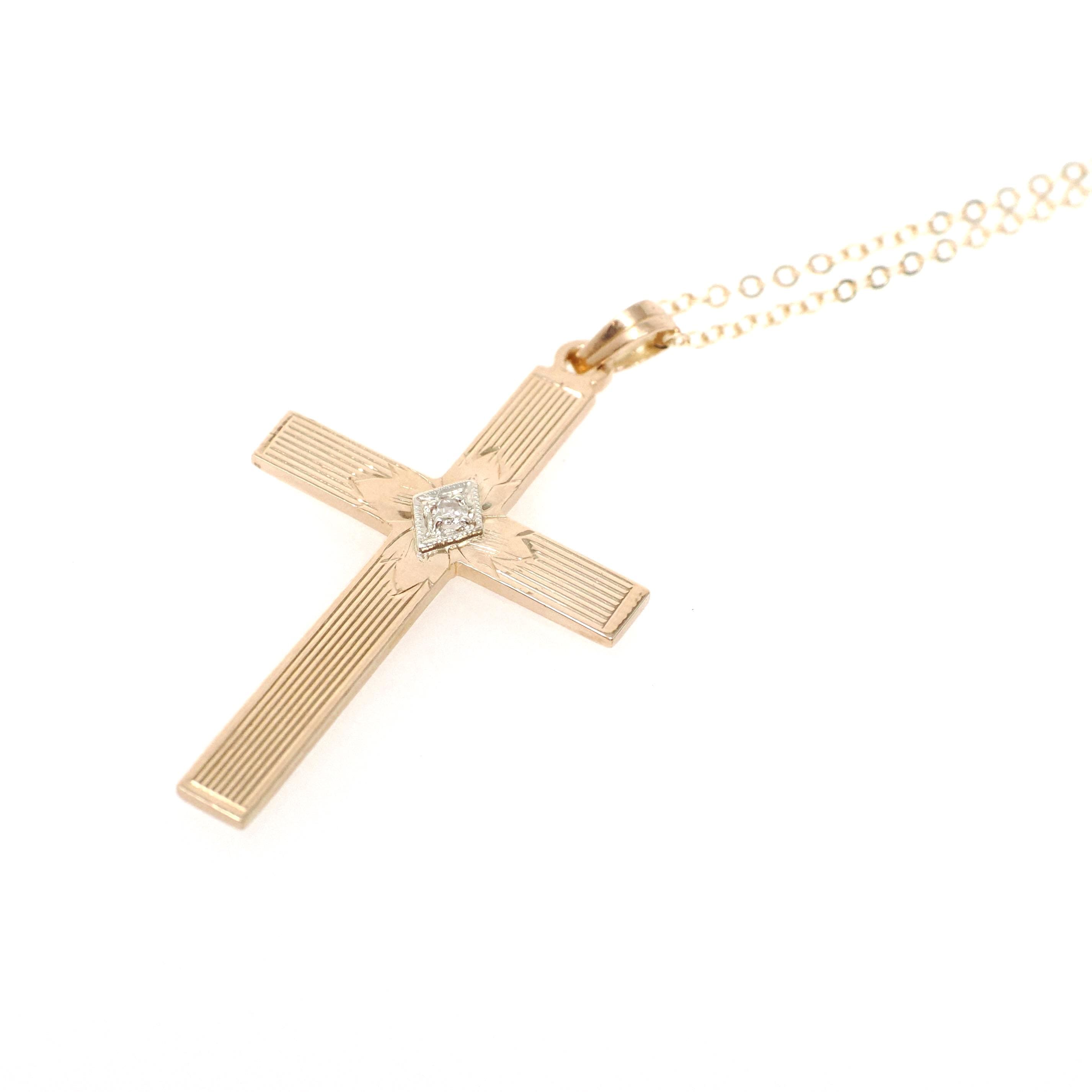 Vintage Cross Necklace - Retro 14k Yellow & White Gold Natural .02 CT Diamond Pendant - Circa 1940s Era Religious Faith Fine 40s Jewelry
