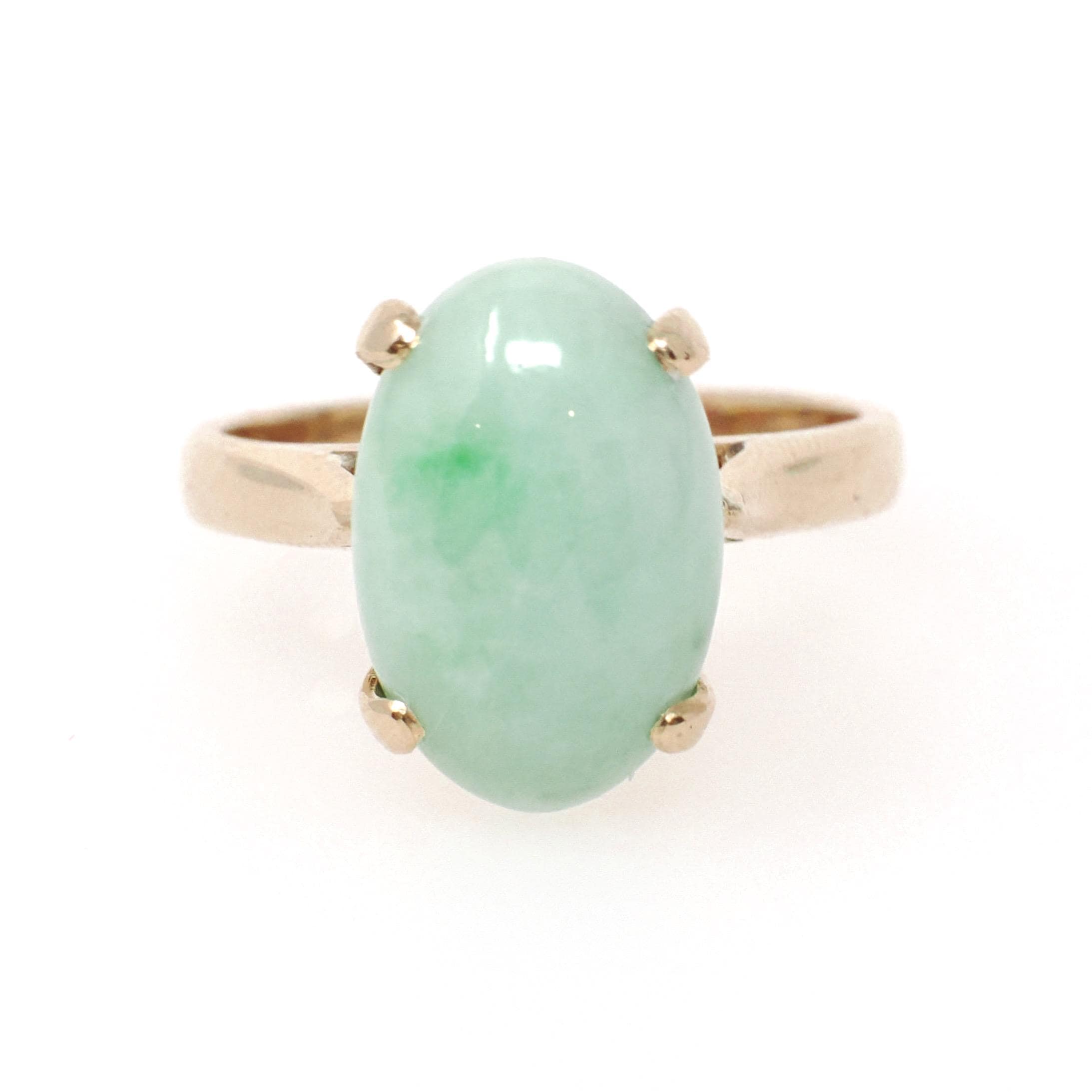 Vintage Jadeite Ring - Retro 14k Yellow Gold Light Green Oval Cabochon Gemstone - Circa 1970s Era Size 5.25 Fine Solitaire Statement Jewelry