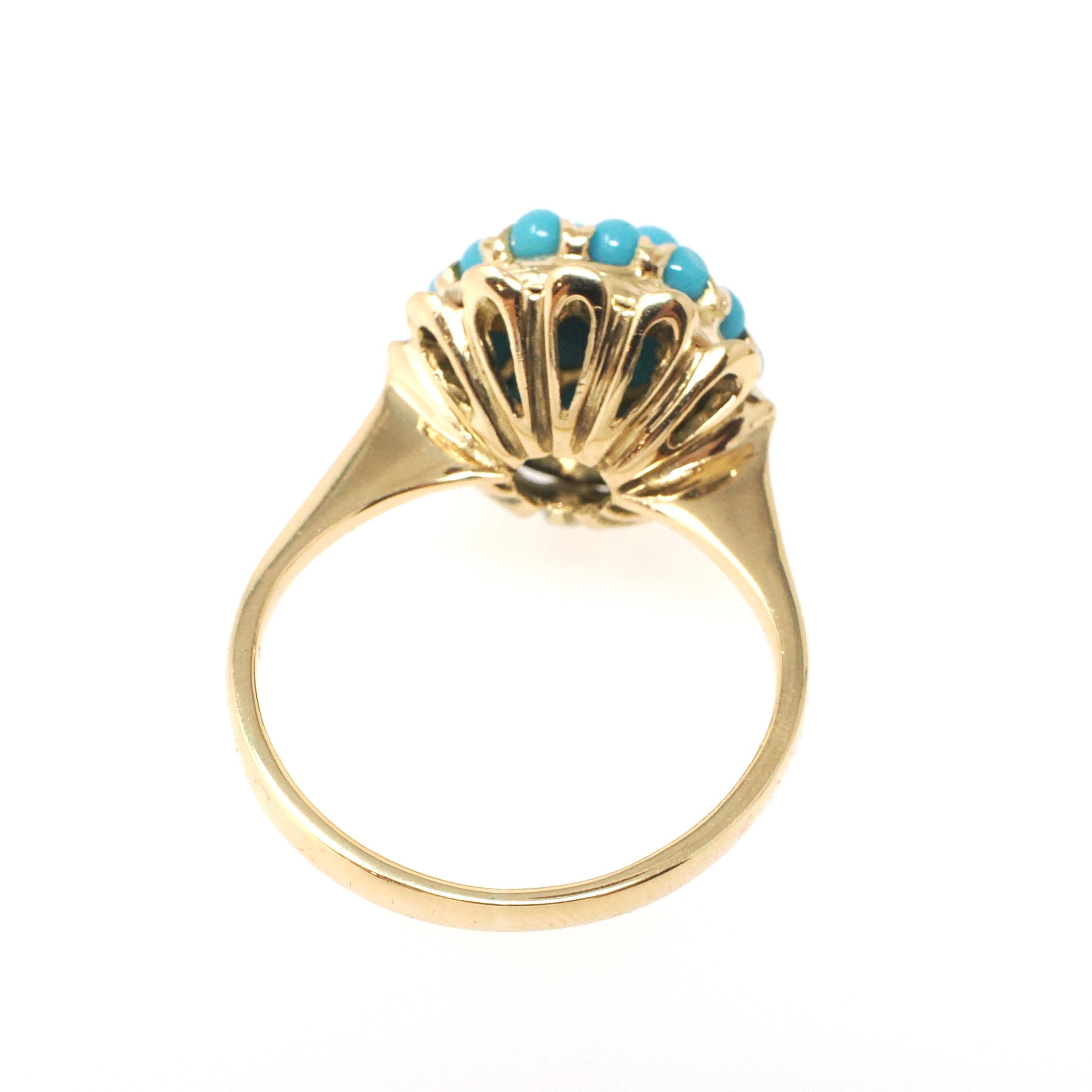 Vintage Cluster Ring - Retro Era 18k Yellow Gold Simulated Turquoise Blue Glass Cabochon Pave Flower - Circa 1960s Size 5 1/4 Fine Jewelry