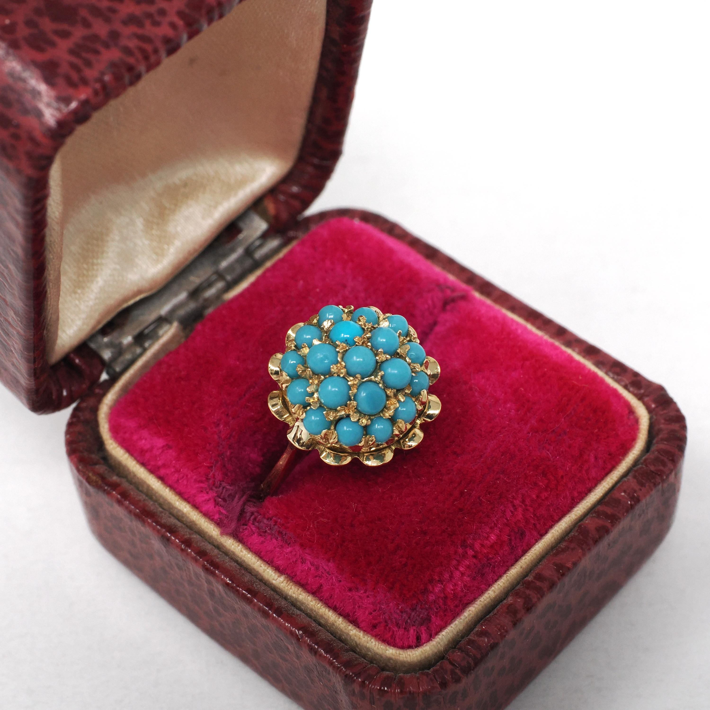 Vintage Cluster Ring - Retro Era 18k Yellow Gold Simulated Turquoise Blue Glass Cabochon Pave Flower - Circa 1960s Size 5 1/4 Fine Jewelry