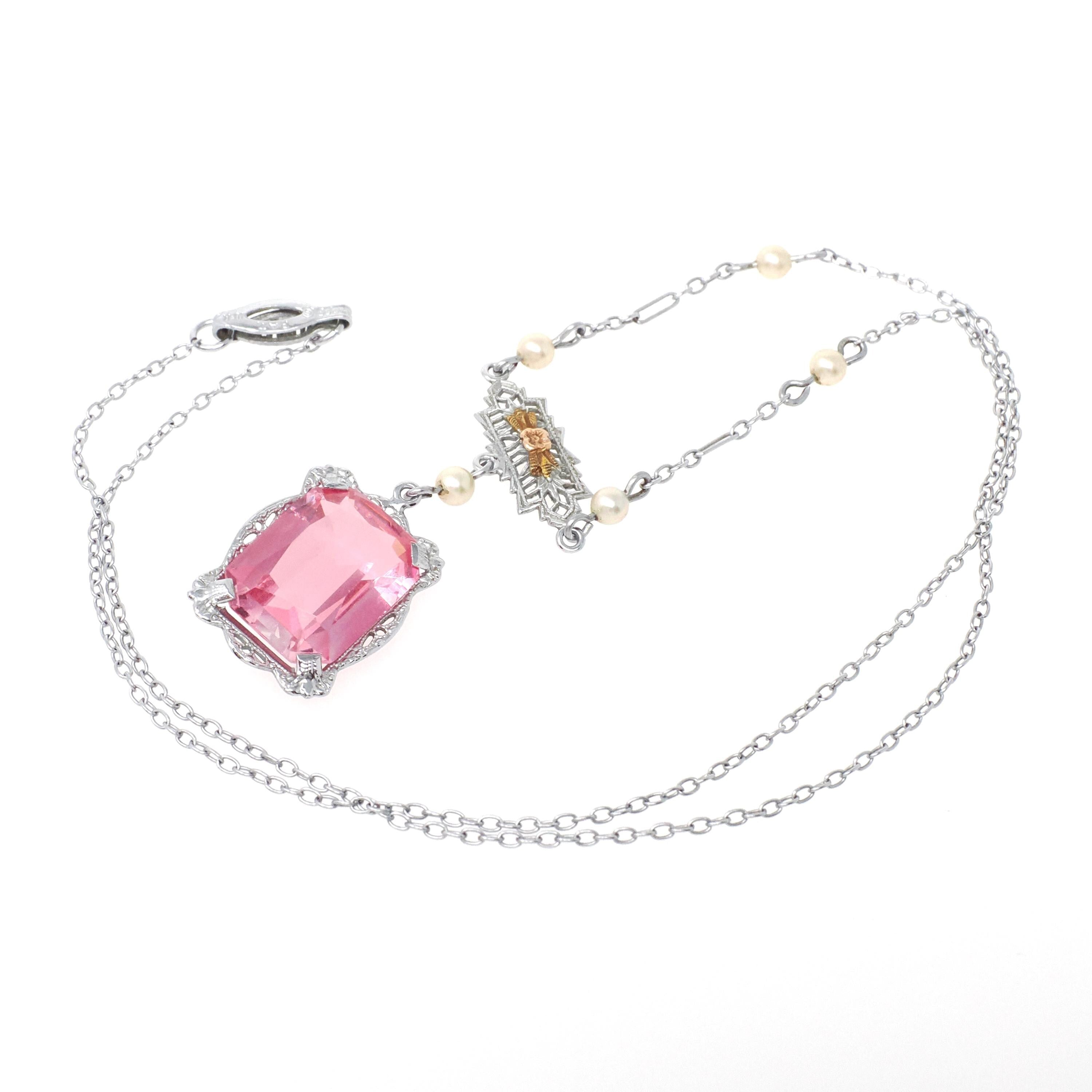 Art Deco Lavalier - Vintage 10k White Gold Two Tone Simulated Pink Sapphire Pendant Necklace - Circa 1930s Era Simulated Pearl Fine Jewelry
