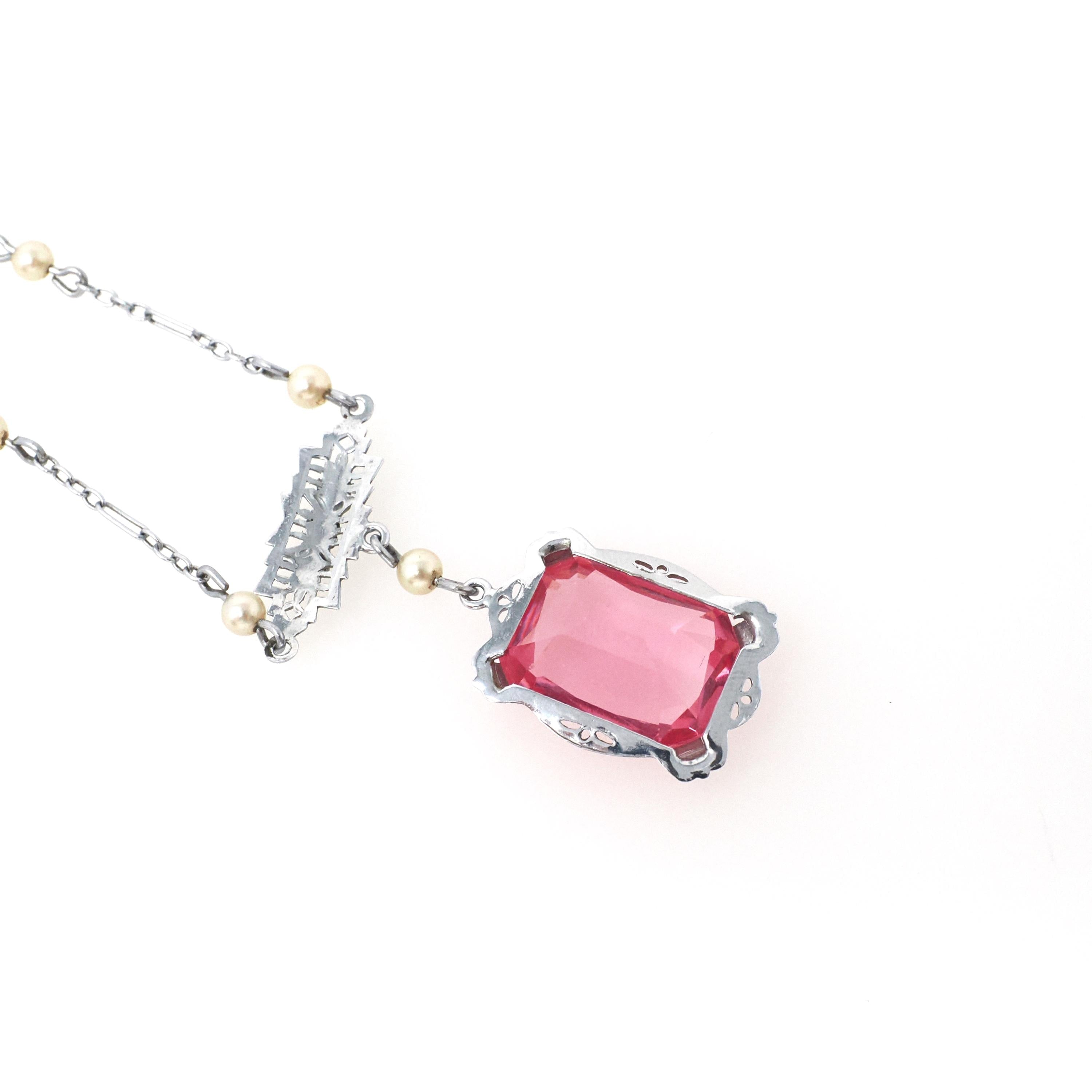 Art Deco Lavalier - Vintage 10k White Gold Two Tone Simulated Pink Sapphire Pendant Necklace - Circa 1930s Era Simulated Pearl Fine Jewelry