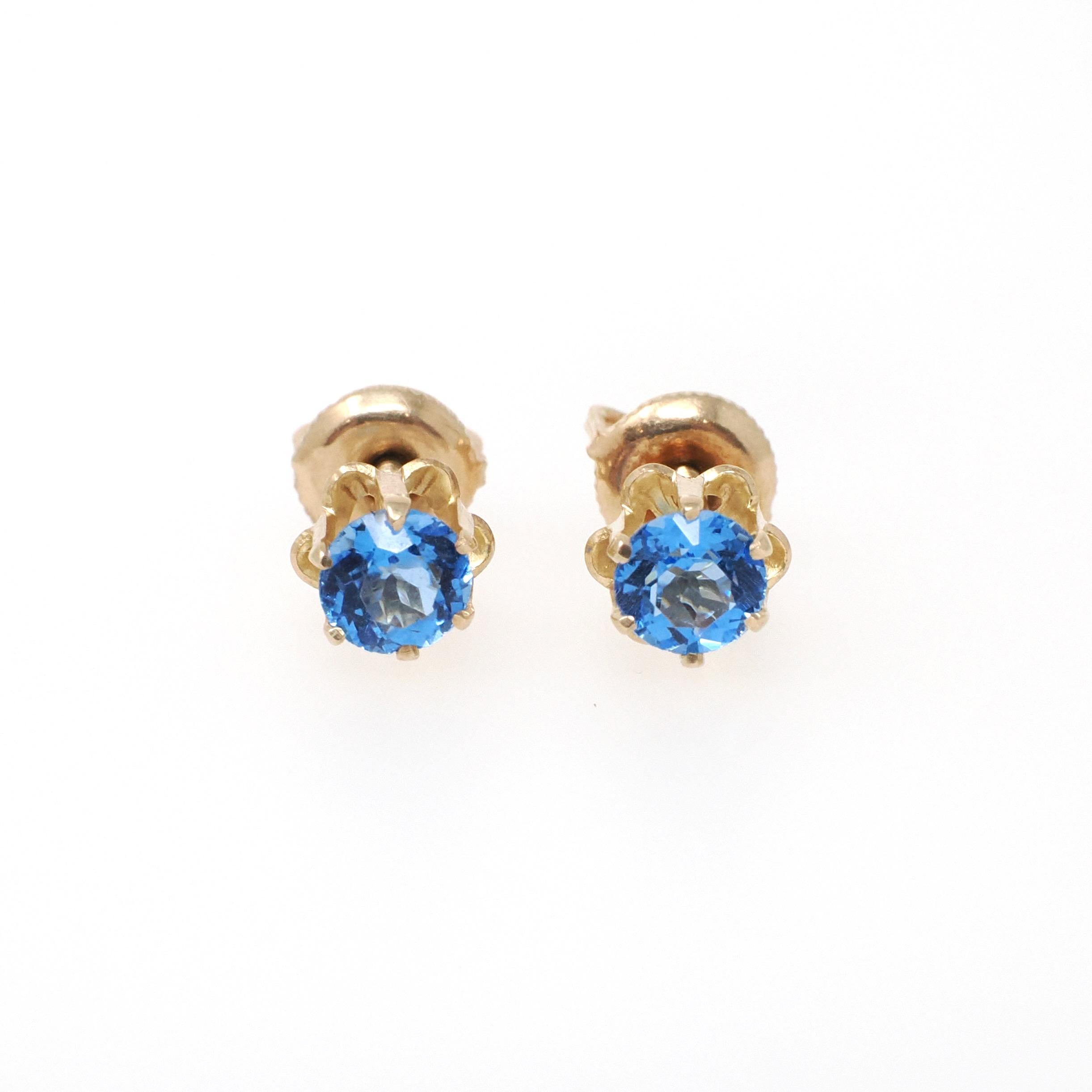 Vintage Buttercup Earrings - Retro 10k Yellow Gold Blue Glass Gemstone Threadback Screw Post Studs - Circa 1940s Era BDA Flower Fine Jewelry