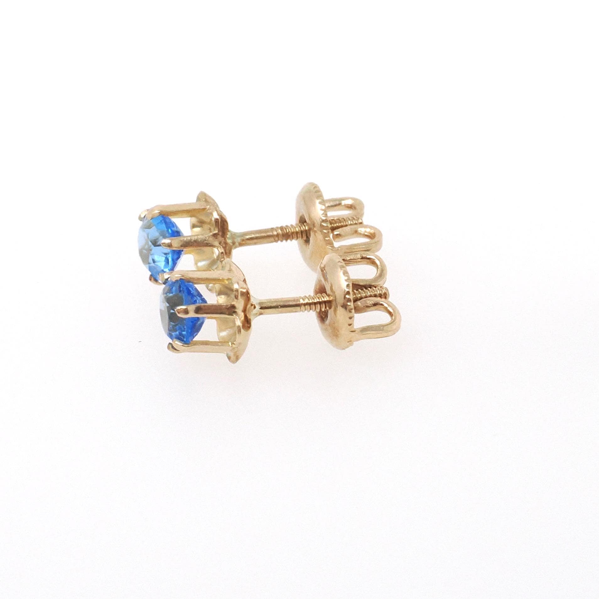 Vintage Buttercup Earrings - Retro 10k Yellow Gold Blue Glass Gemstone Threadback Screw Post Studs - Circa 1940s Era BDA Flower Fine Jewelry