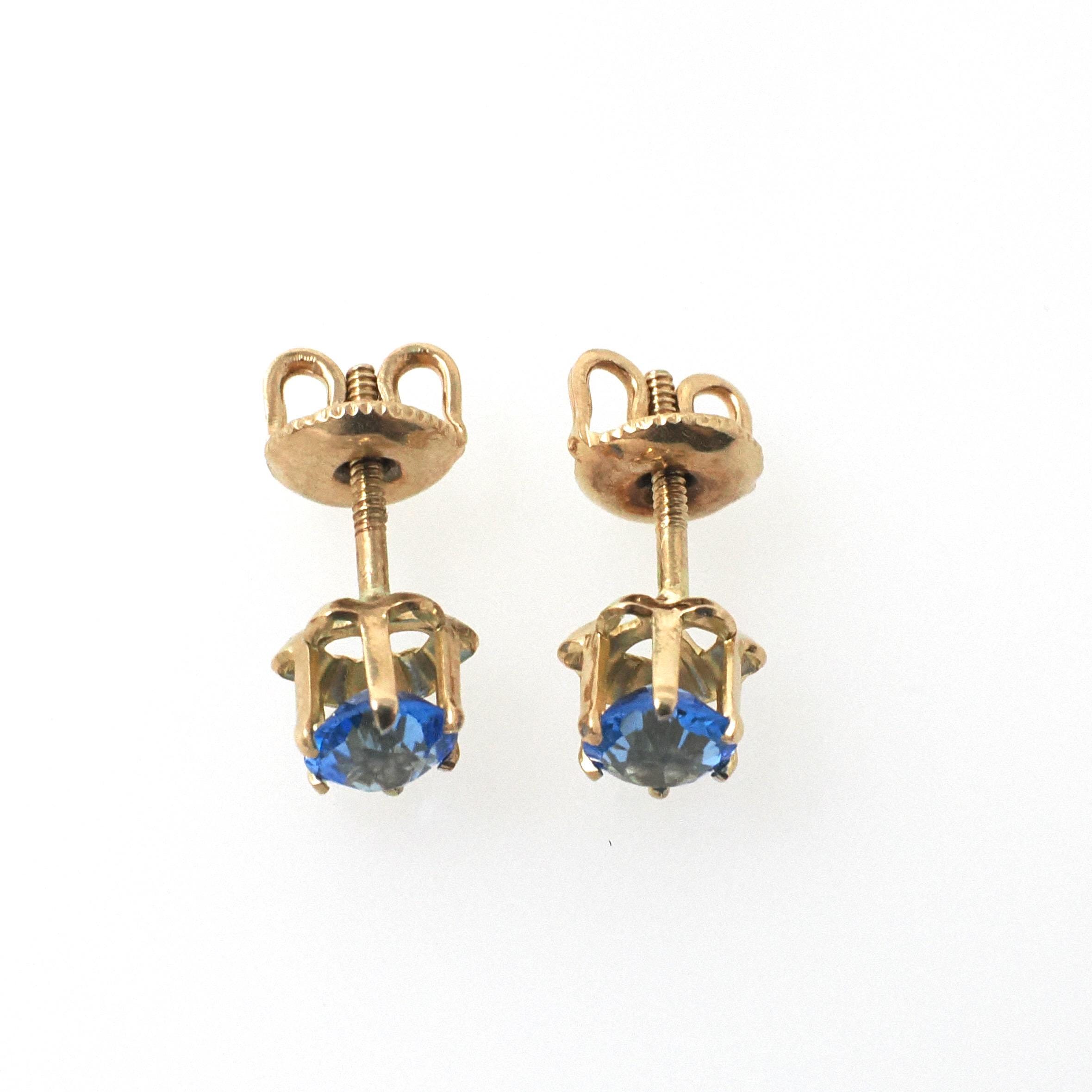 Vintage Buttercup Earrings - Retro 10k Yellow Gold Blue Glass Gemstone Threadback Screw Post Studs - Circa 1940s Era BDA Flower Fine Jewelry